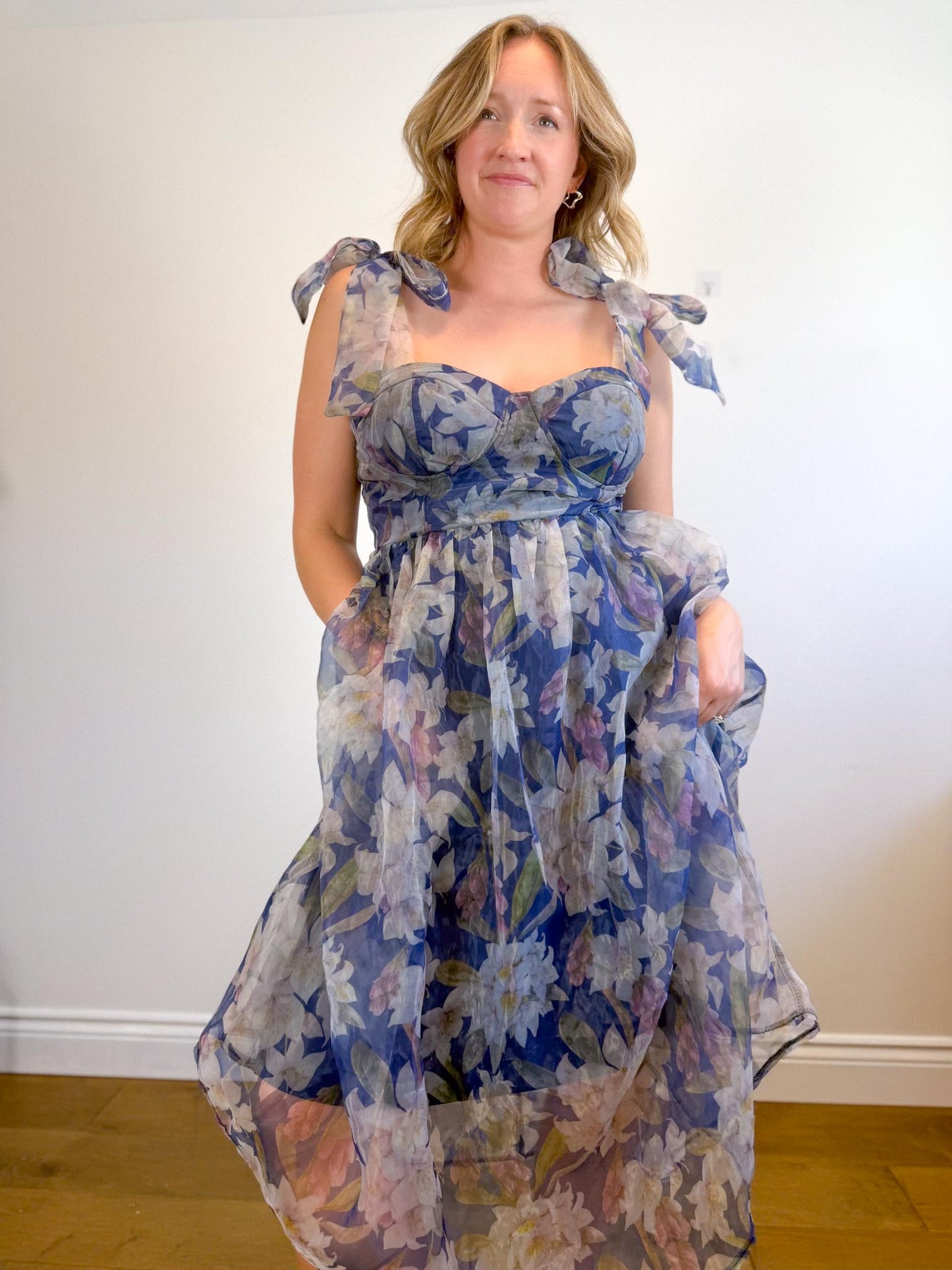 Lulus "Exceptionally Marvelous Blue Floral Organza Bustier Midi Dress" NWT (Size XL)