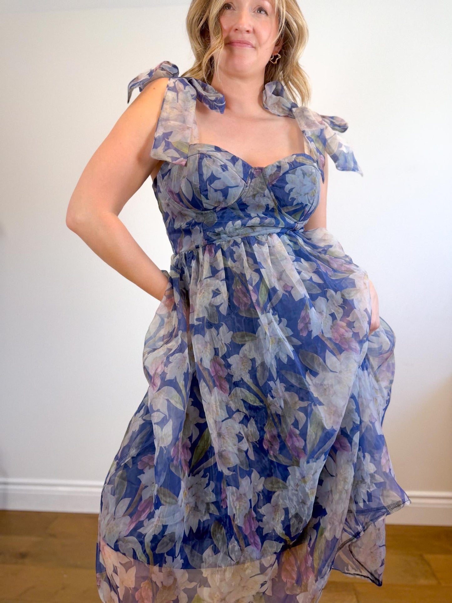 Lulus "Exceptionally Marvelous Blue Floral Organza Bustier Midi Dress" NWT (Size XL)