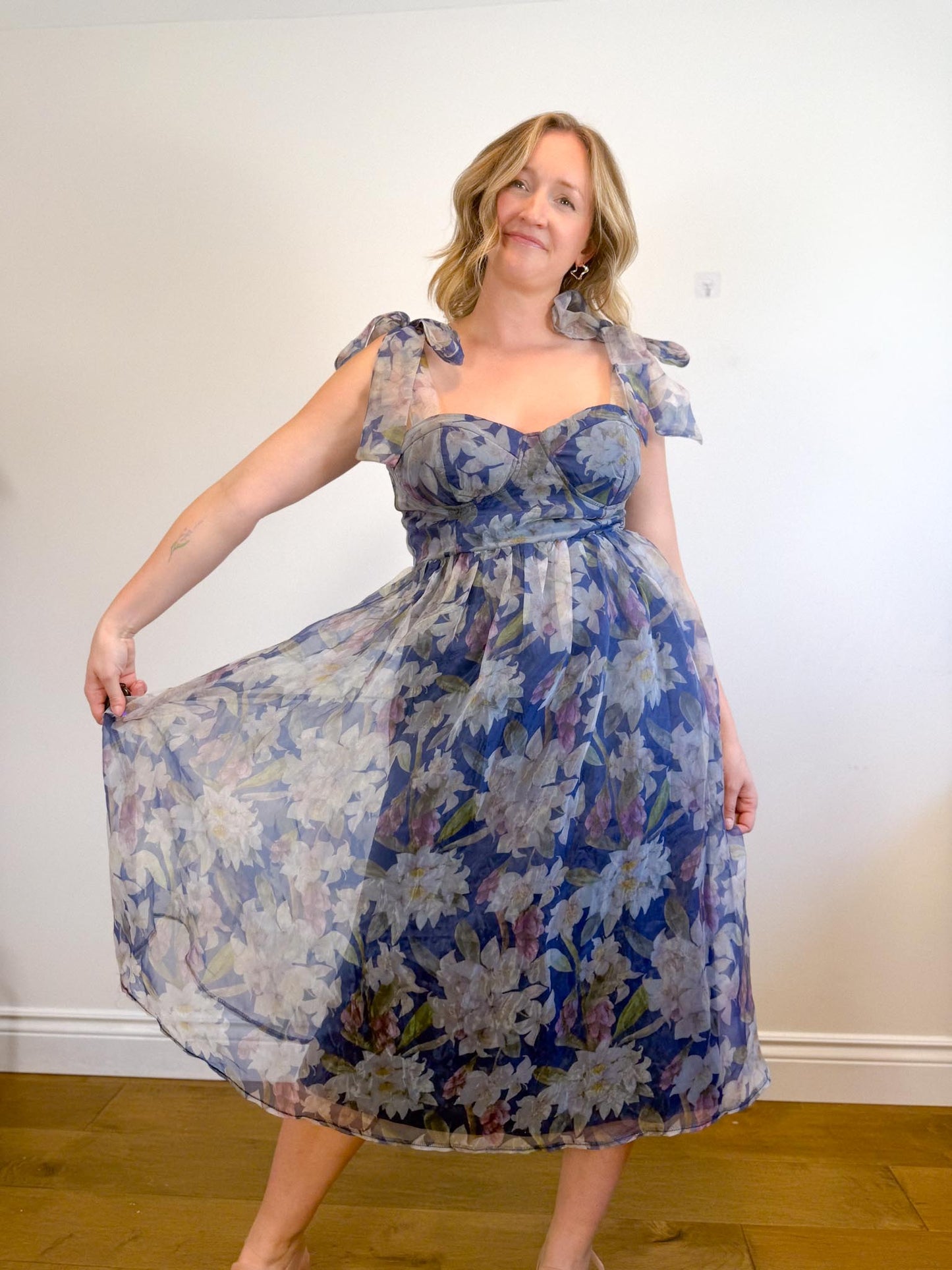 Lulus "Exceptionally Marvelous Blue Floral Organza Bustier Midi Dress" NWT (Size XL)