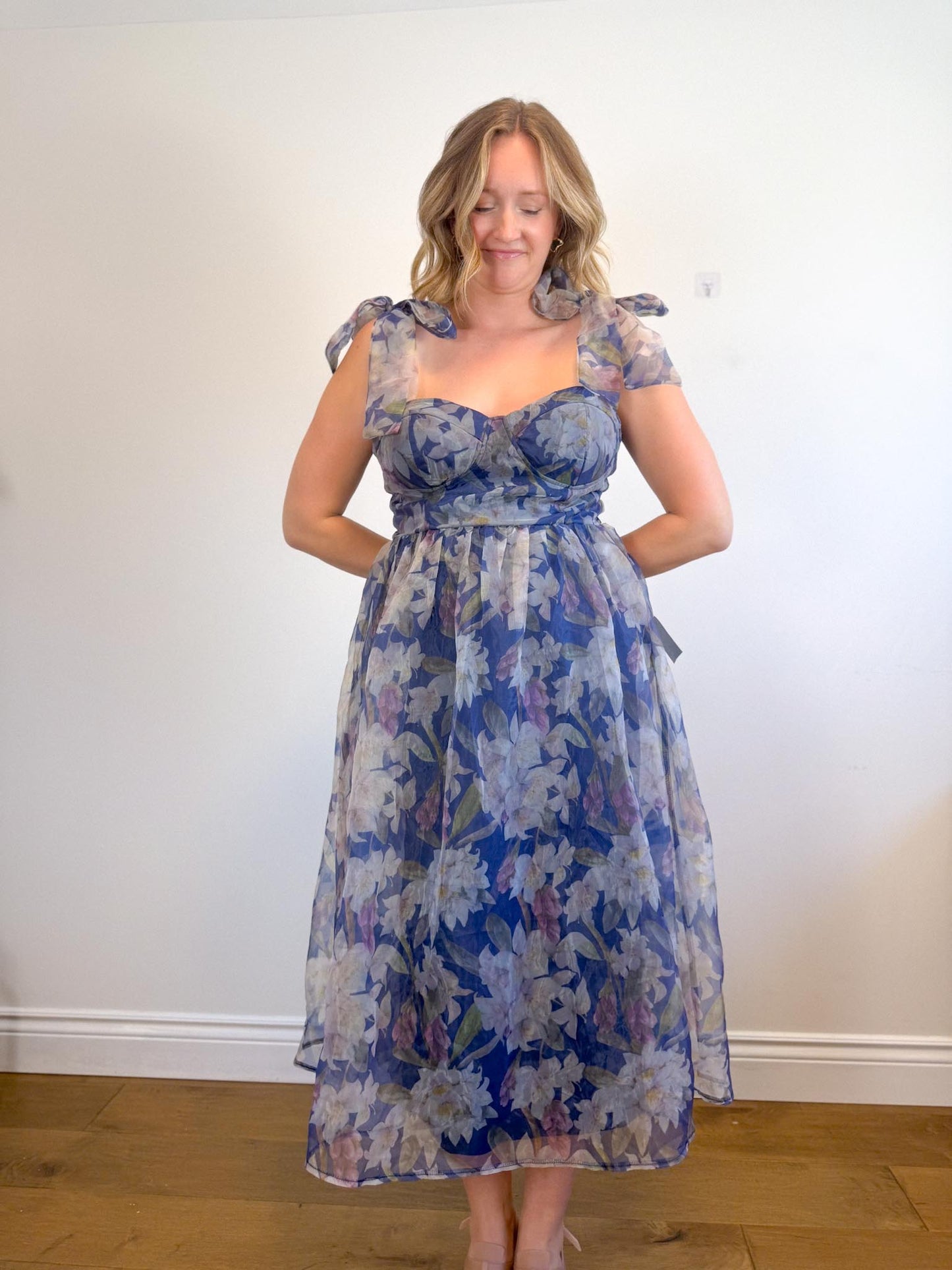 Lulus "Exceptionally Marvelous Blue Floral Organza Bustier Midi Dress" NWT (Size XL)