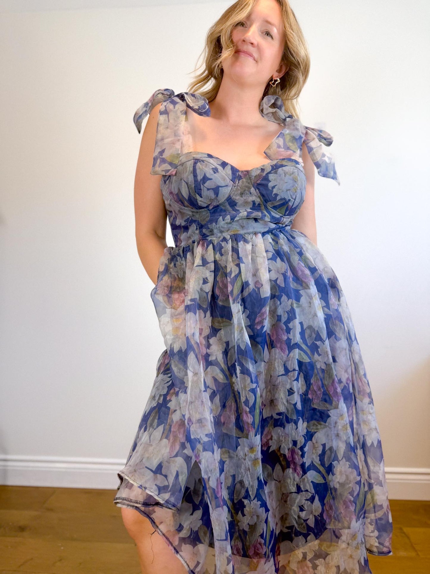 Lulus "Exceptionally Marvelous Blue Floral Organza Bustier Midi Dress" NWT (Size XL)