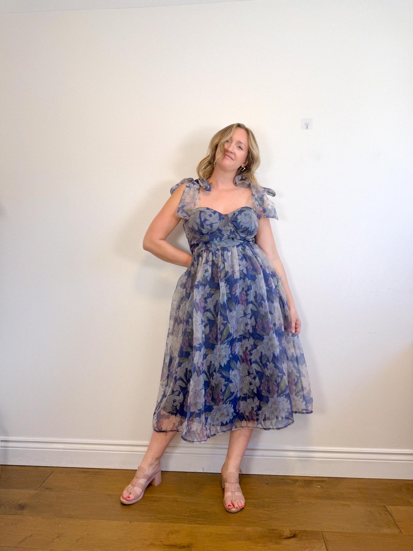 Lulus "Exceptionally Marvelous Blue Floral Organza Bustier Midi Dress" NWT (Size XL)