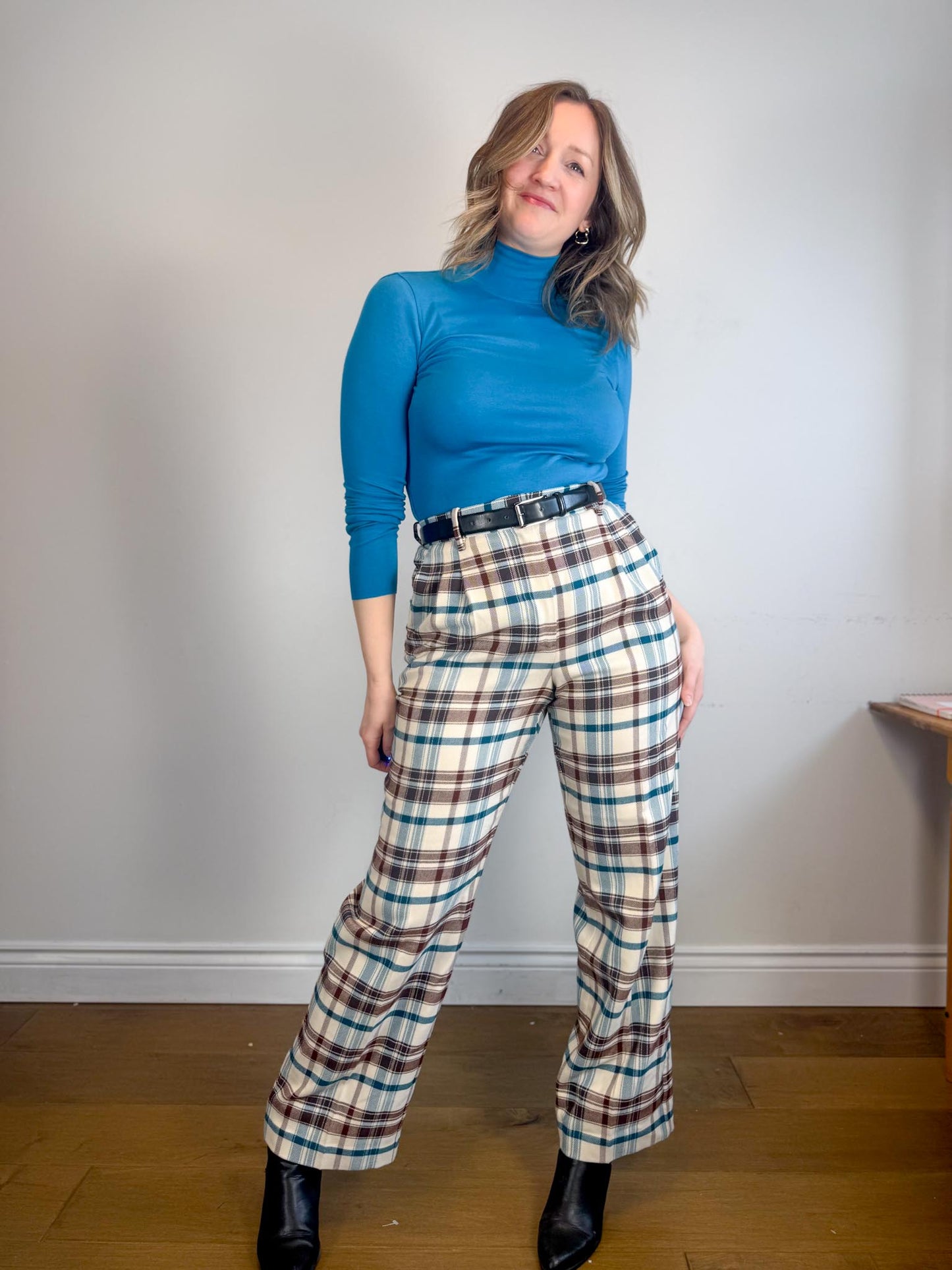Wilfred Plaid Trousers in White/Brown/Blue (Size 10)