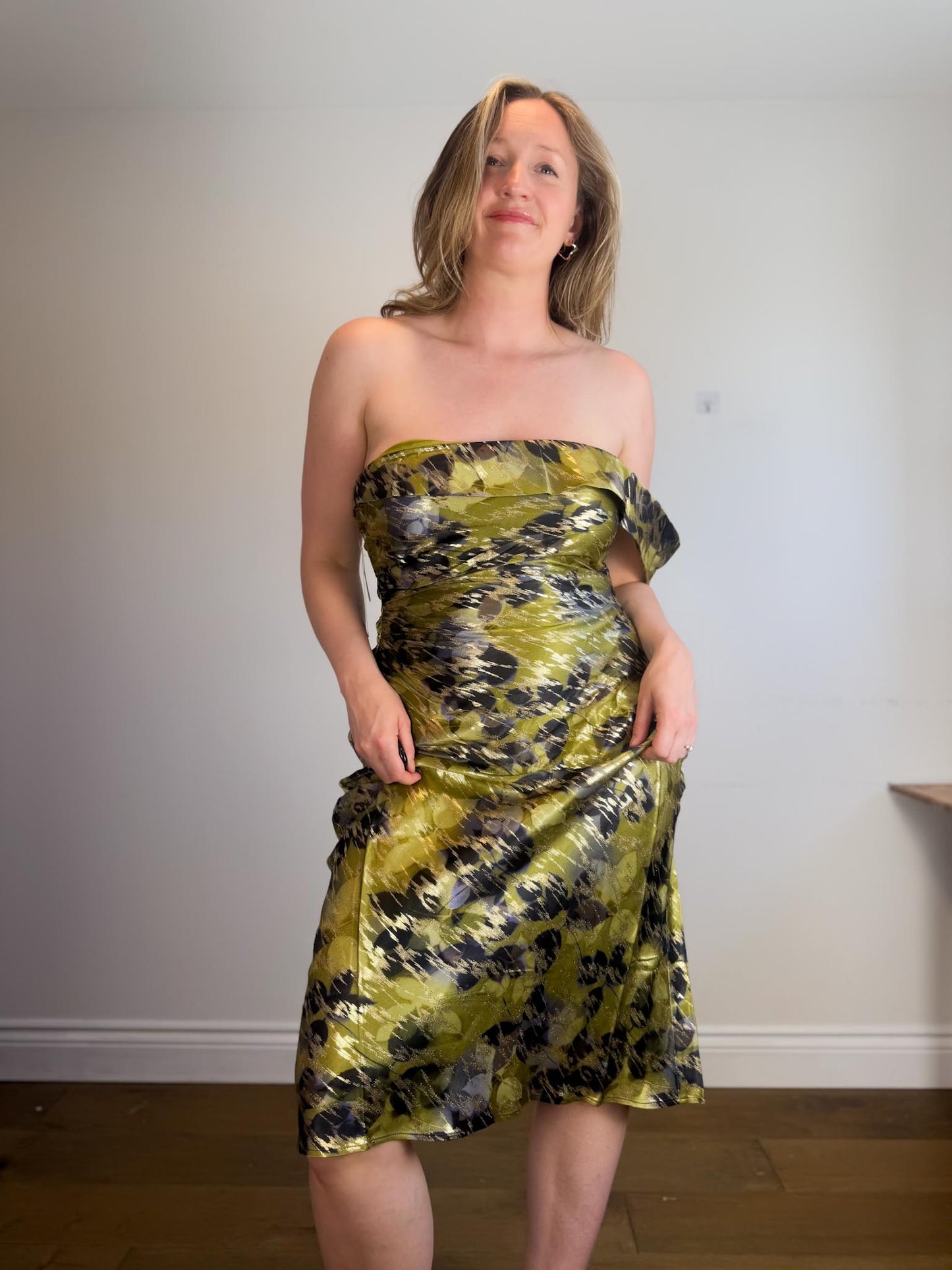 Anthropologie "One-Shoulder Printed Slim Midi Dress in Green/Gold" NWT (Size XL)