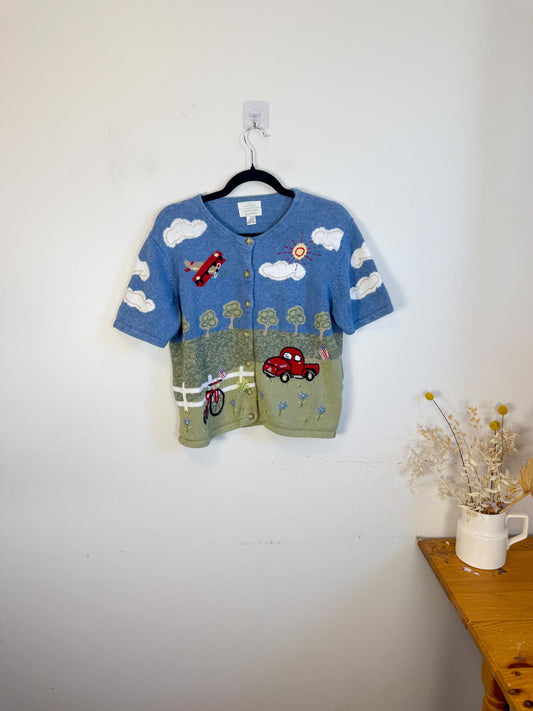 Vintage Embroidered Short Sleeve Cardigan (Size M)