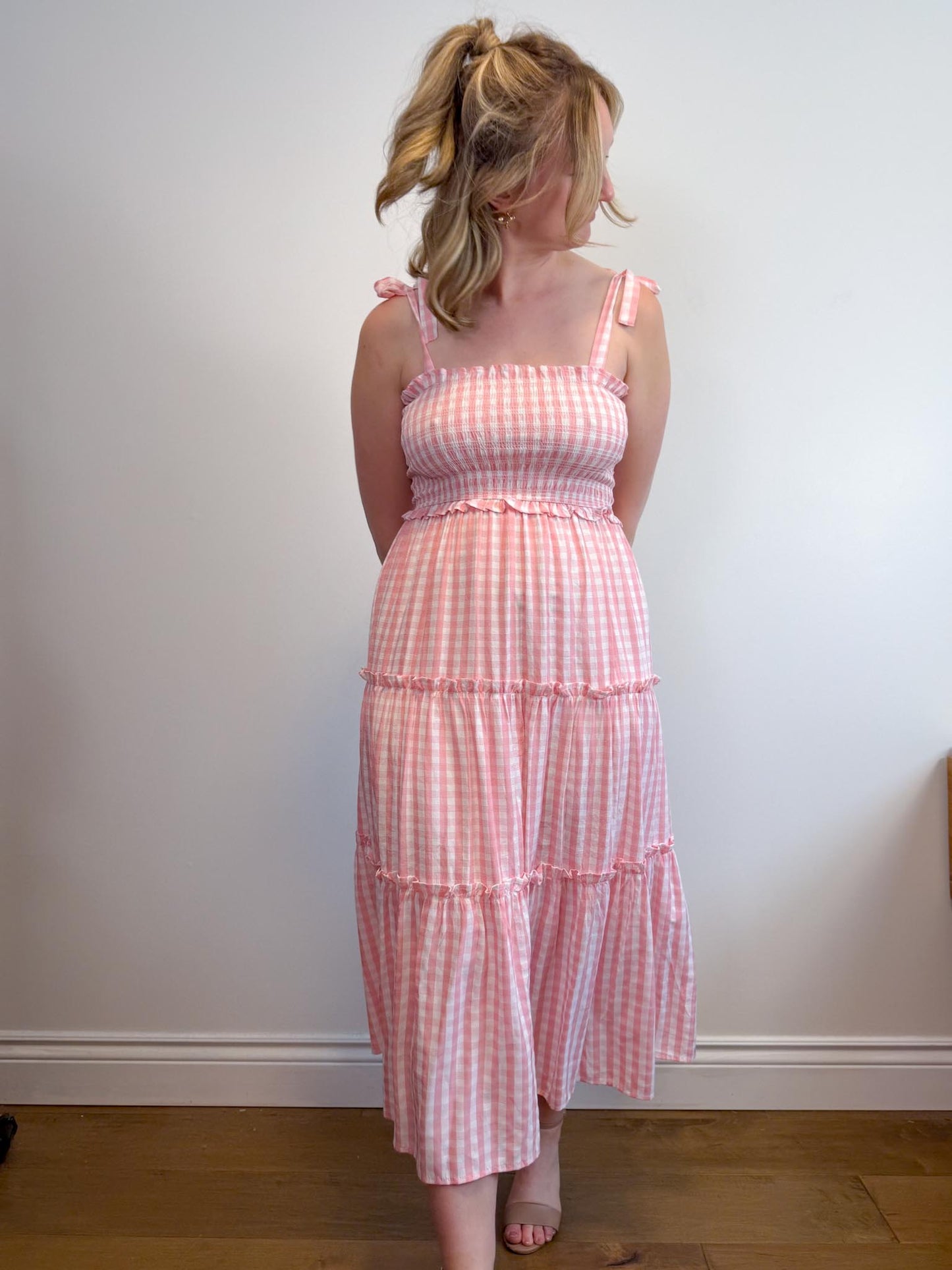 Aaron & Amber Smocked Maxi Dress in Pink Gingham (Size M)