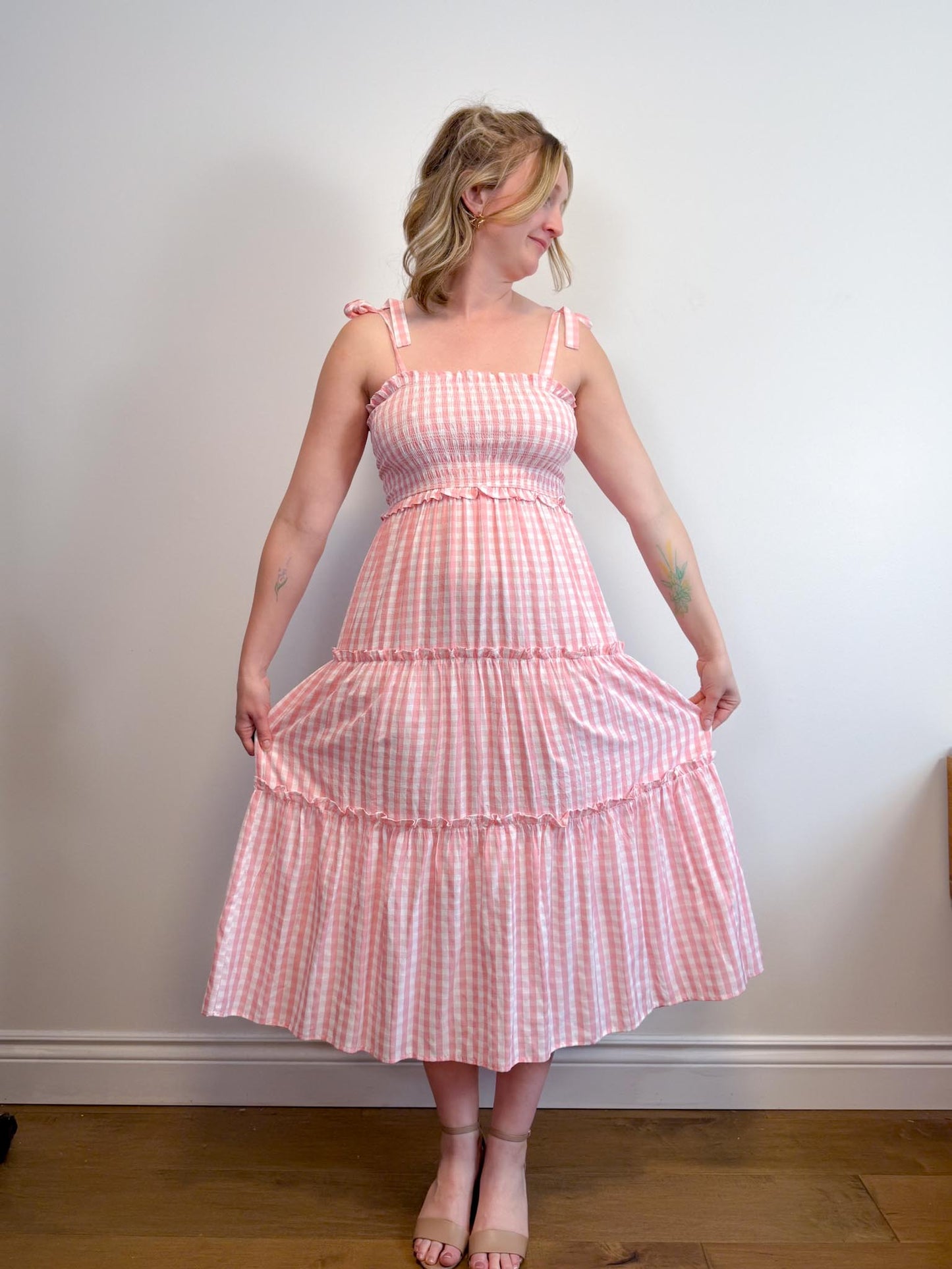 Aaron & Amber Smocked Maxi Dress in Pink Gingham (Size M)