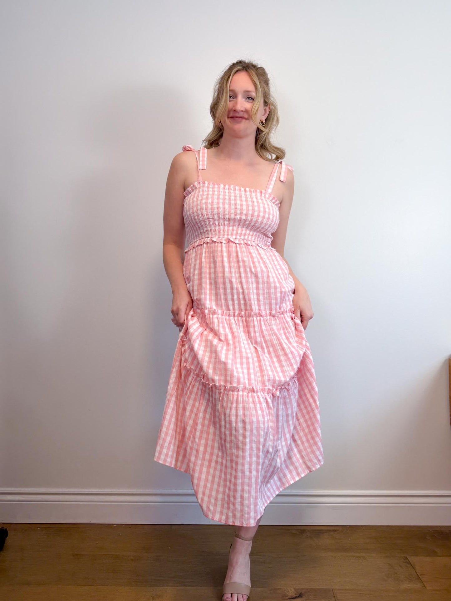 Aaron & Amber Smocked Maxi Dress in Pink Gingham (Size M)