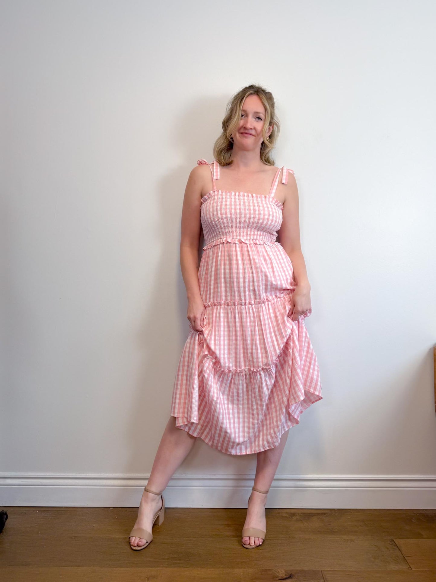 Aaron & Amber Smocked Maxi Dress in Pink Gingham (Size M)