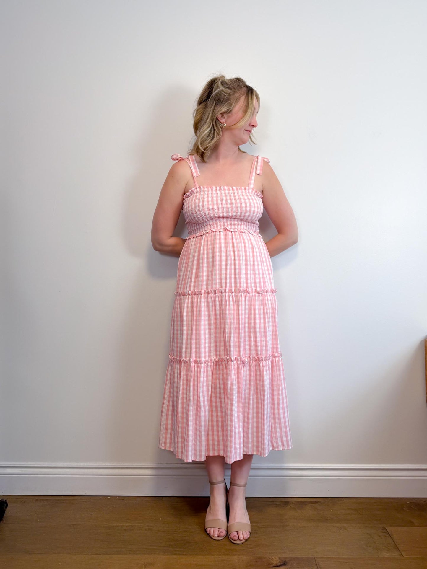 Aaron & Amber Smocked Maxi Dress in Pink Gingham (Size M)