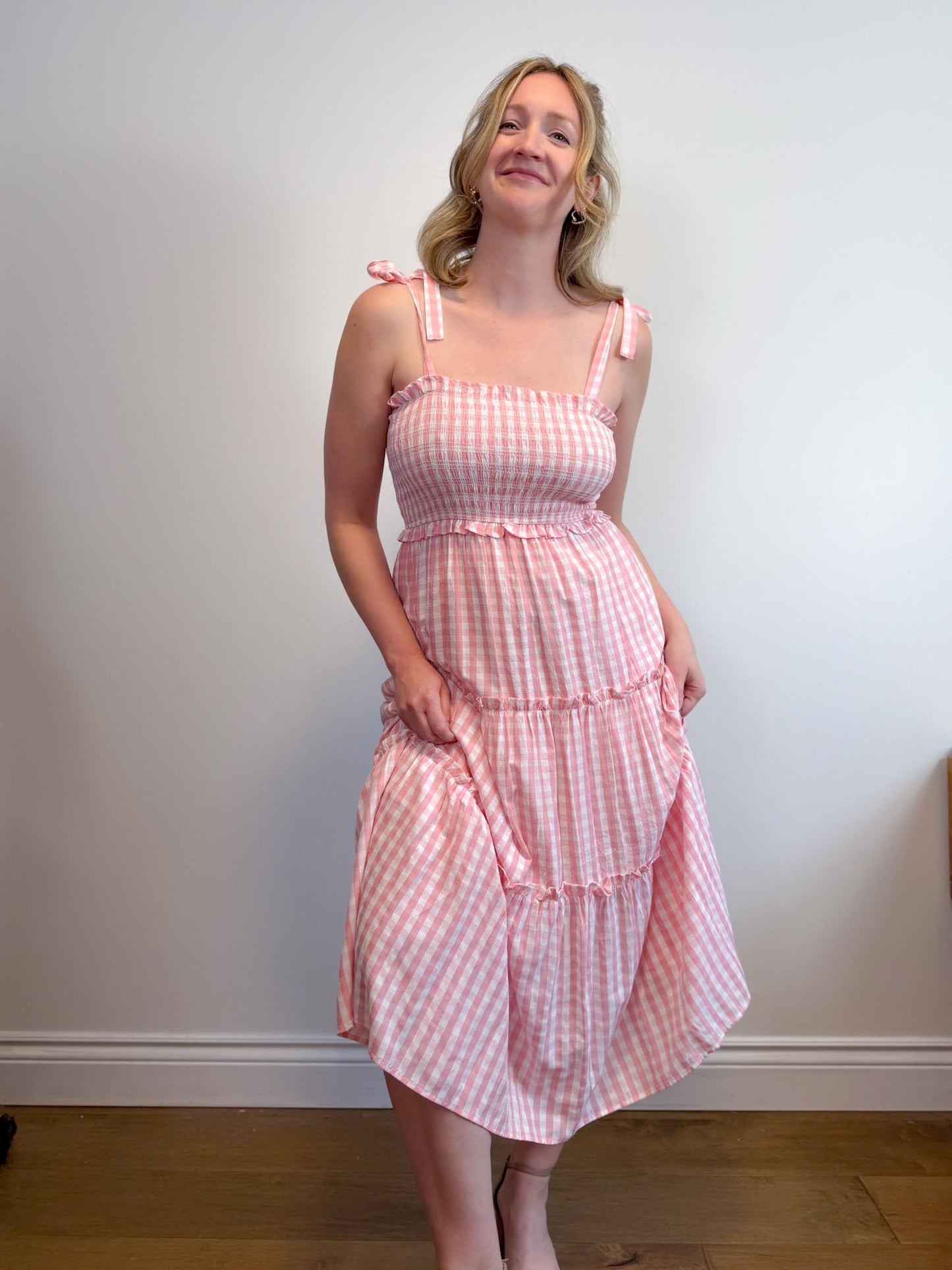 Aaron & Amber Smocked Maxi Dress in Pink Gingham (Size M)