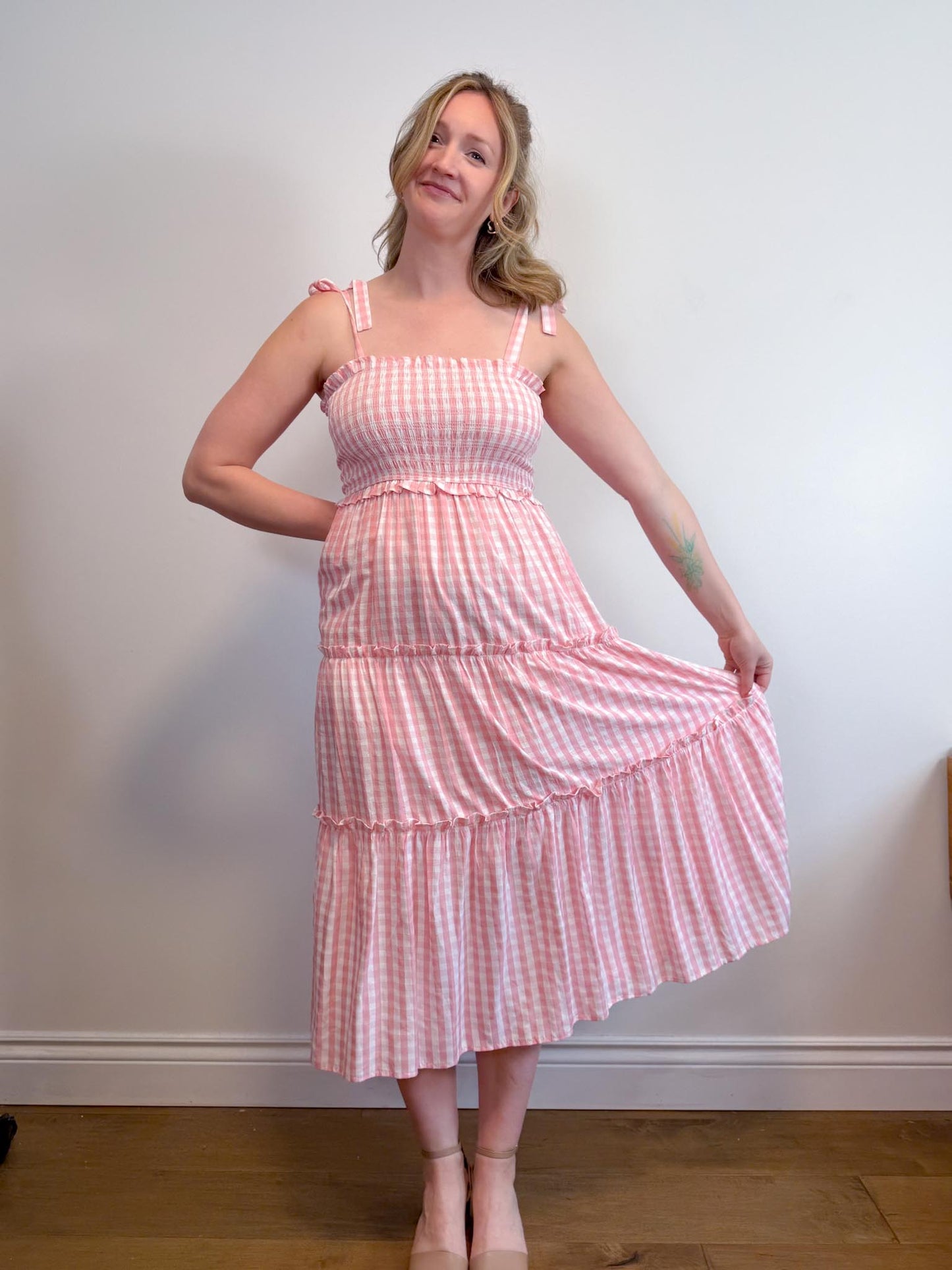 Aaron & Amber Smocked Maxi Dress in Pink Gingham (Size M)