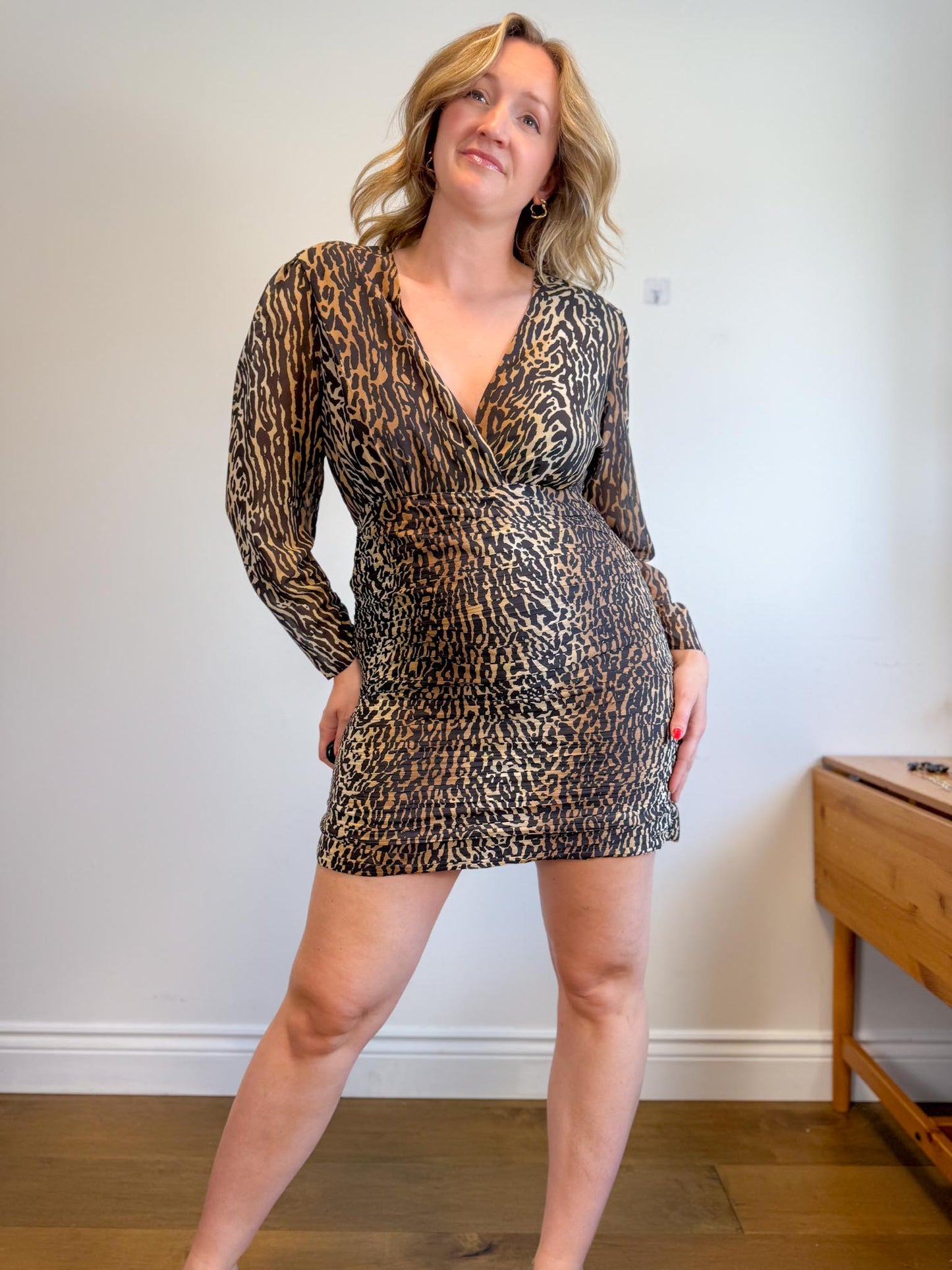 RIXO "Golden Silk Mini Dress in Leopard Print" (Size XL)