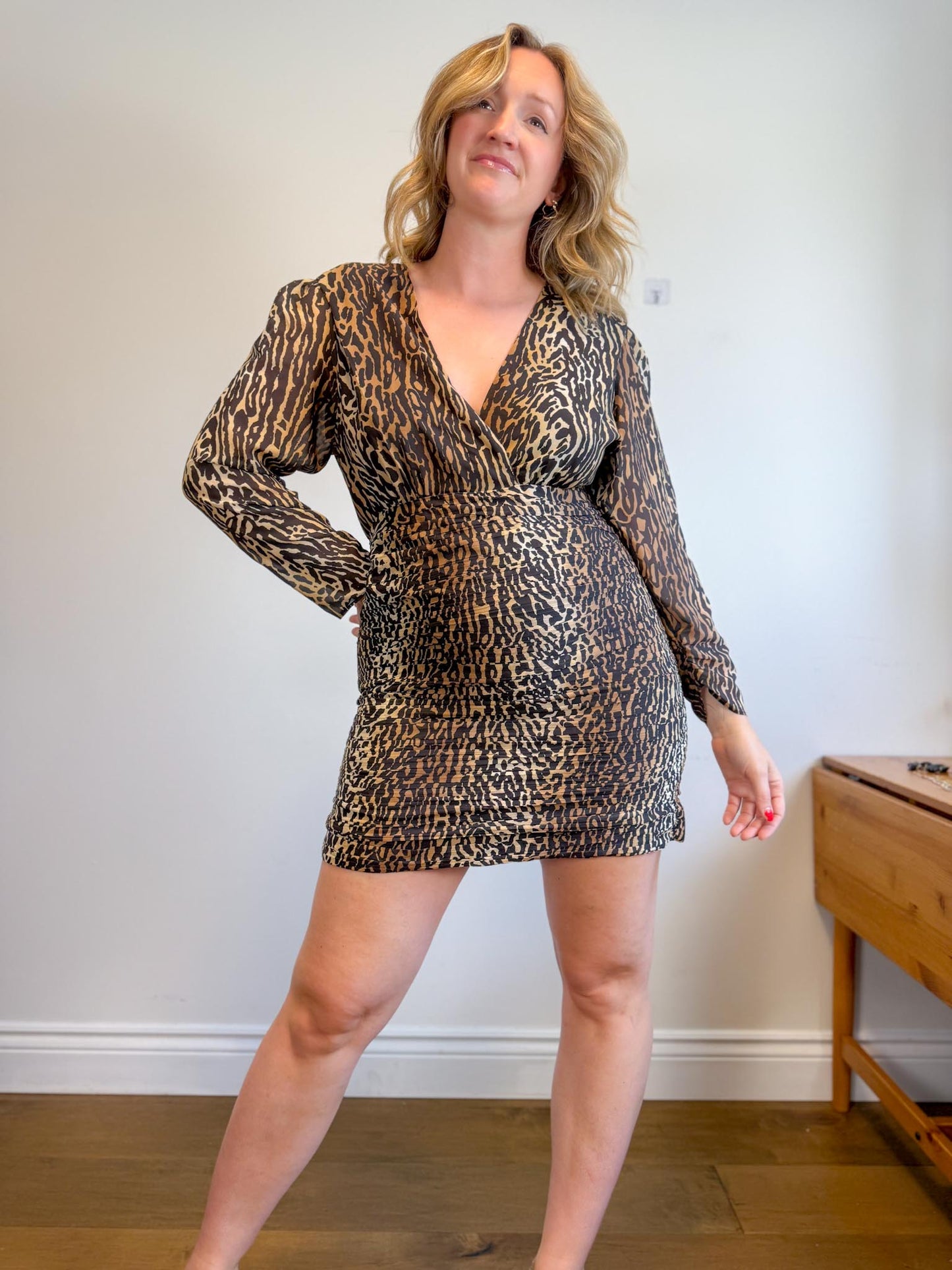RIXO "Golden Silk Mini Dress in Leopard Print" (Size XL)