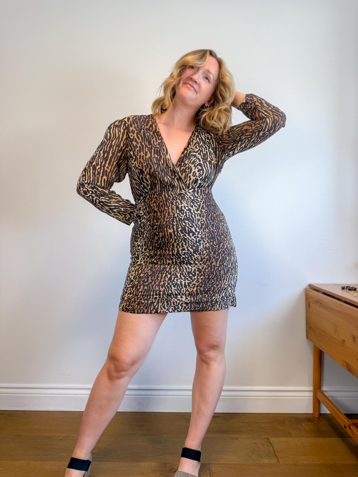RIXO "Golden Silk Mini Dress in Leopard Print" (Size XL)