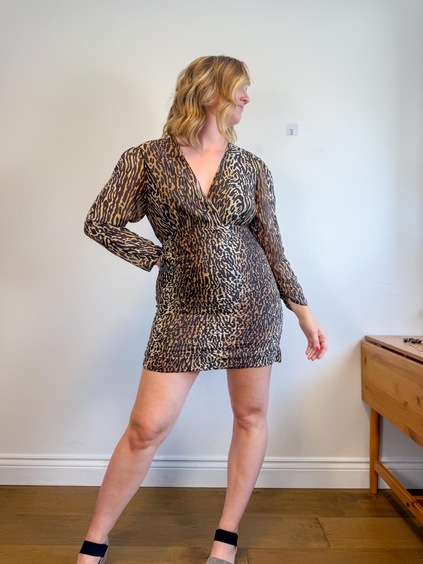 RIXO "Golden Silk Mini Dress in Leopard Print" (Size XL)