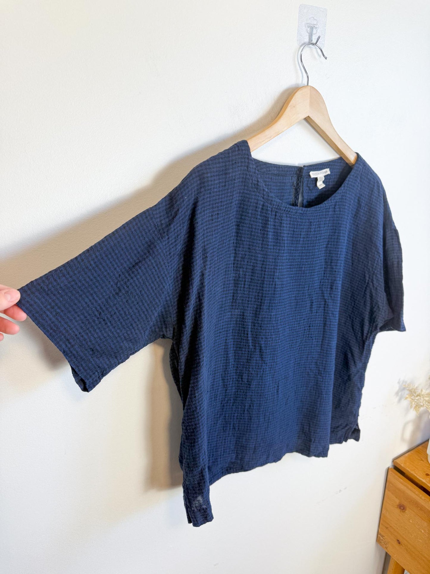 Eileen Fisher Linen Boxy Top in Navy Gingham (Size M)