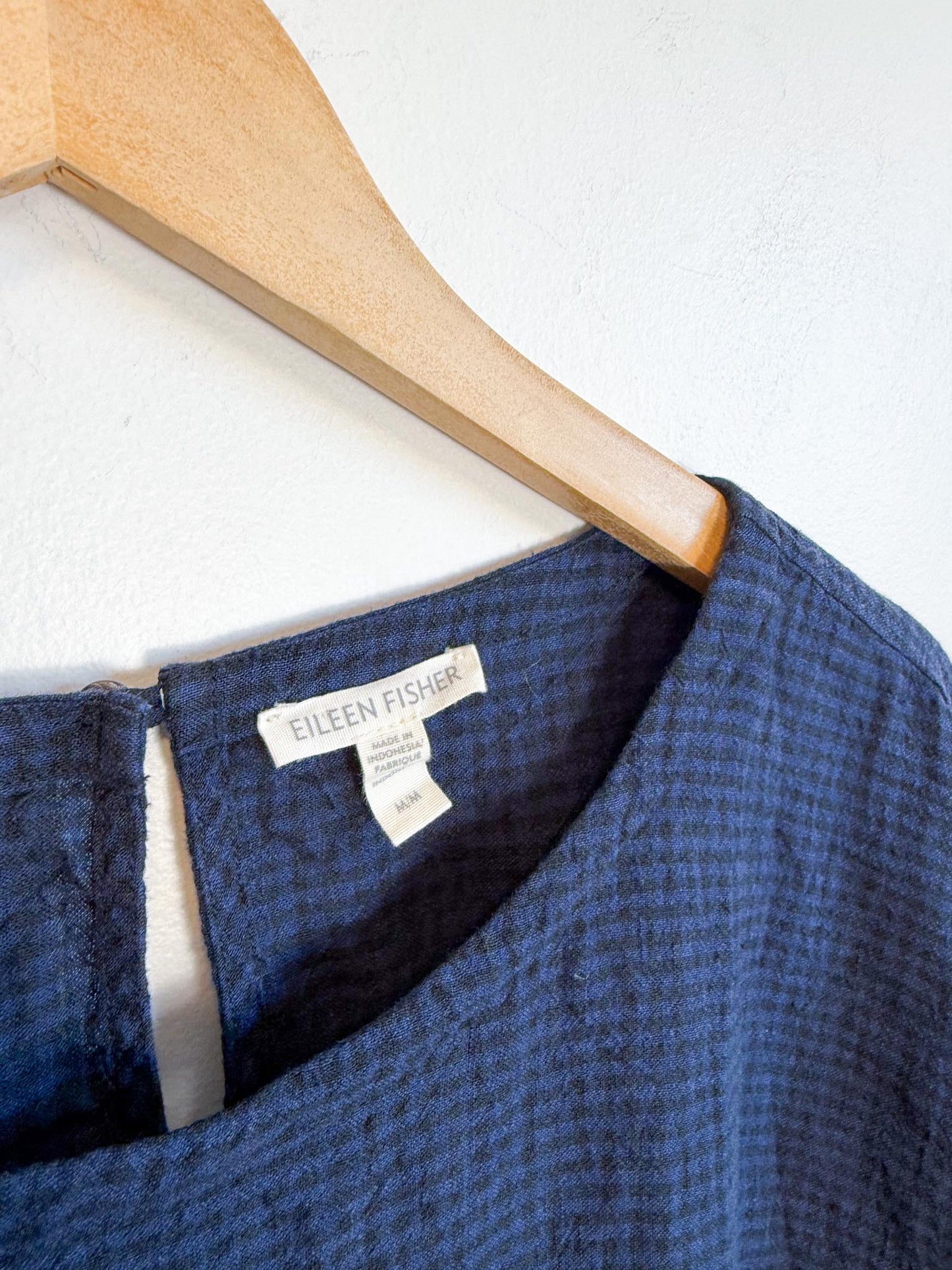 Eileen Fisher Linen Boxy Top in Navy Gingham (Size M)