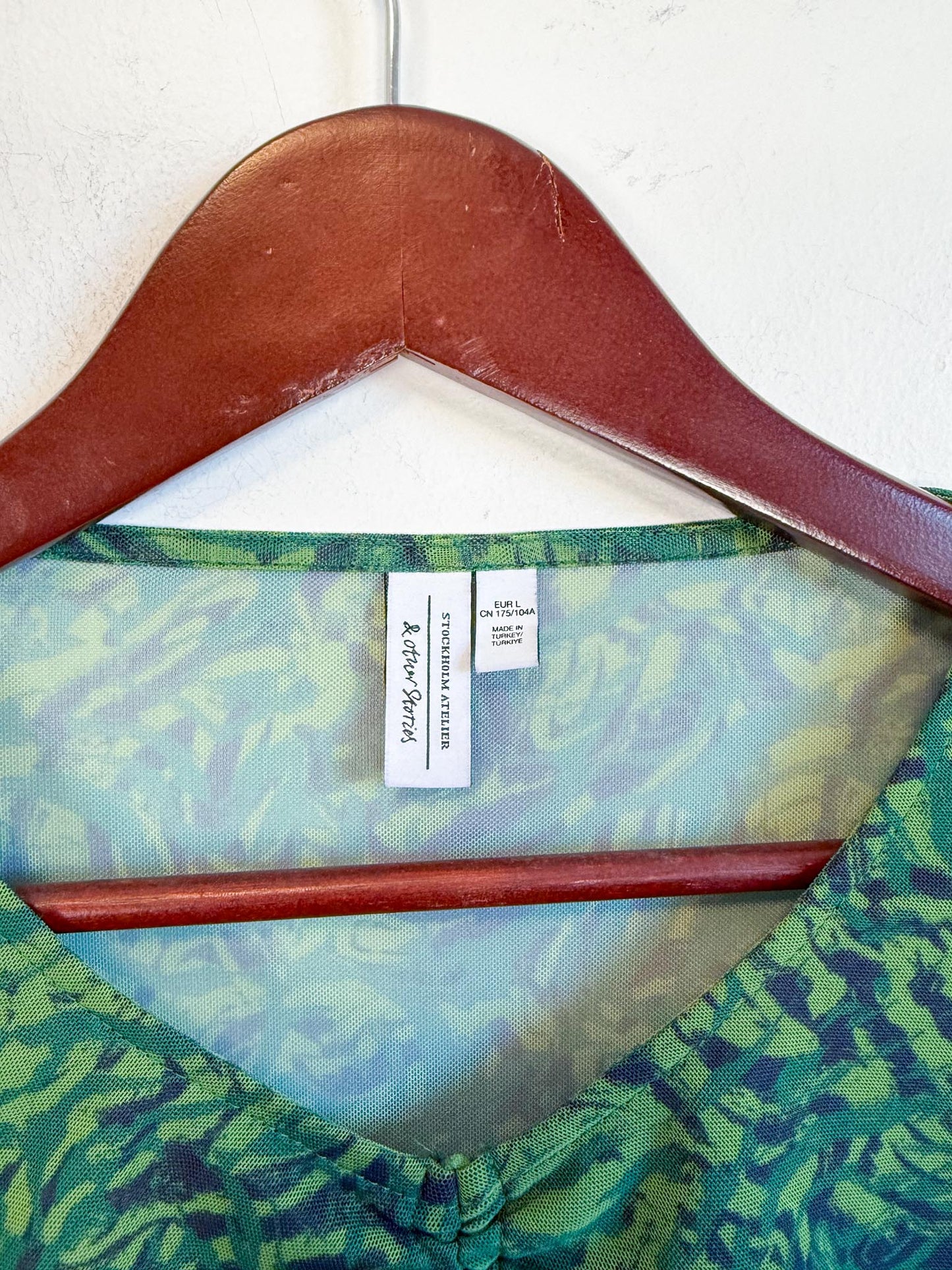 & Other Stories Sheer Top in Green Print (Size L)