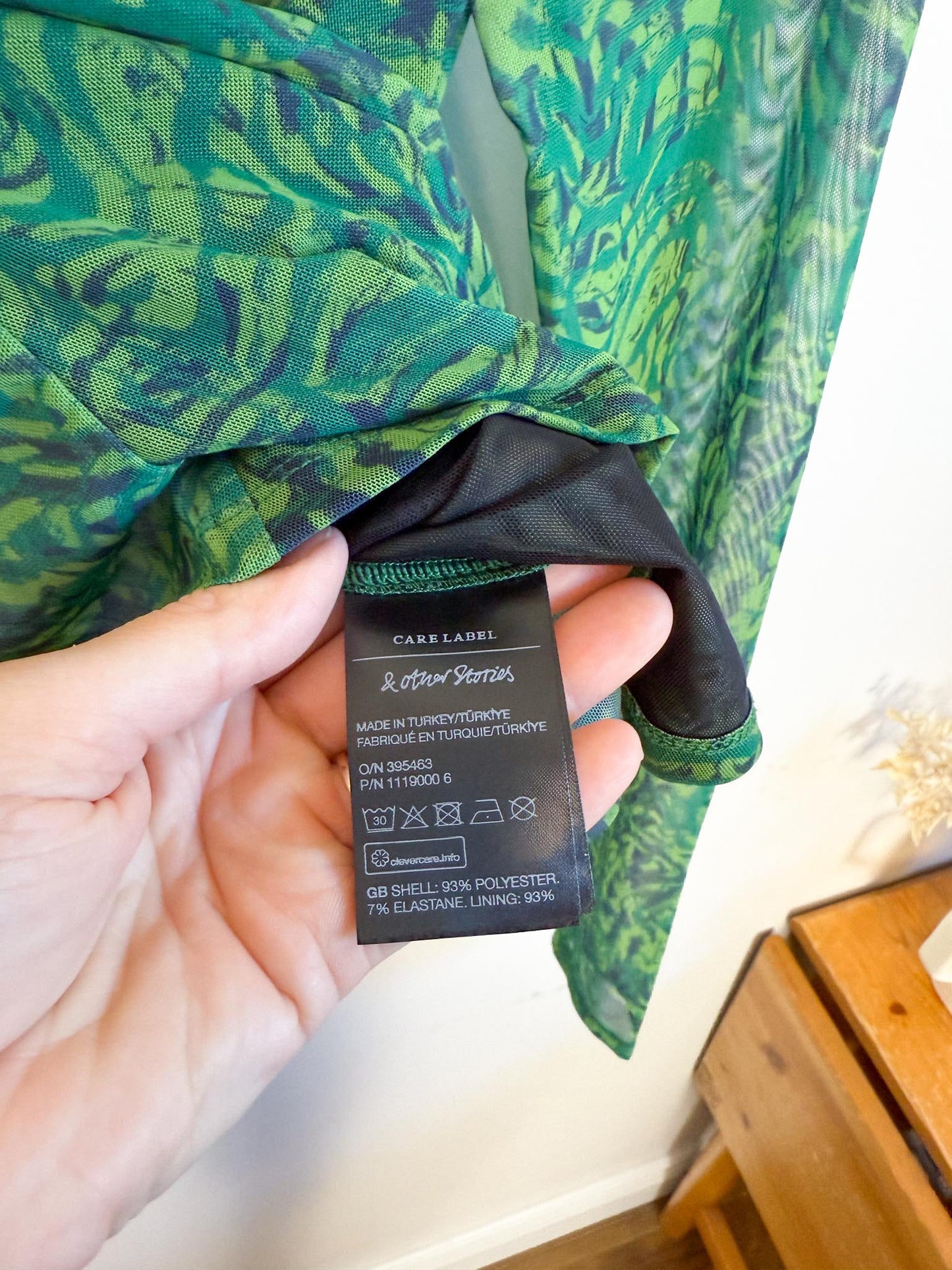 & Other Stories Sheer Top in Green Print (Size L)