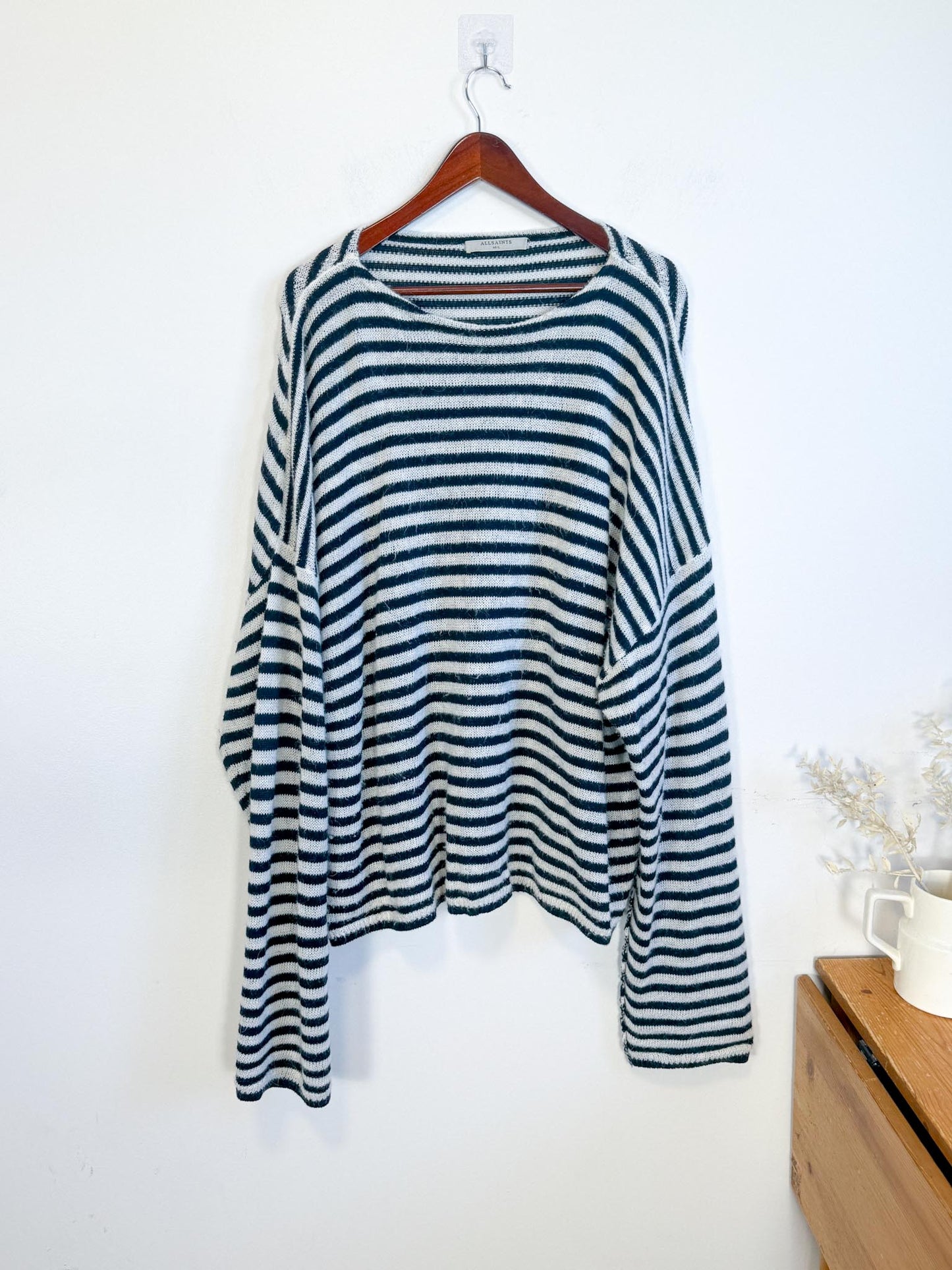 ALLSAINTS "Striped Oversized Casso Sweater in White/Black Stripe" (Size XL)