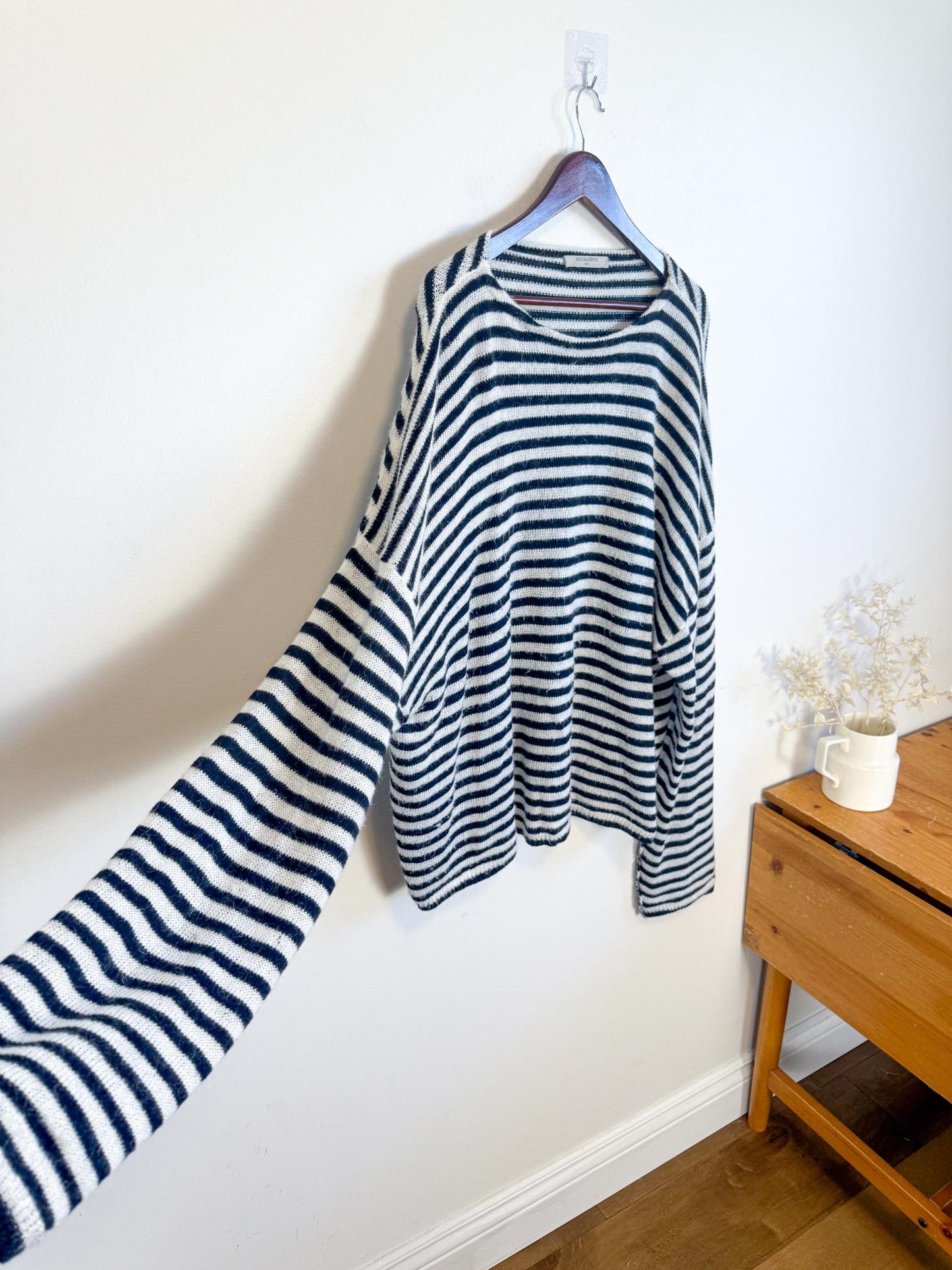 ALLSAINTS "Striped Oversized Casso Sweater in White/Black Stripe" (Size XL)