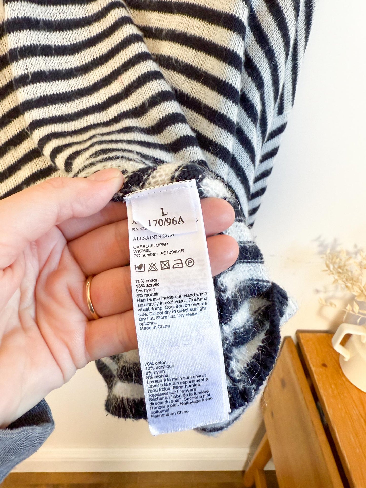 ALLSAINTS "Striped Oversized Casso Sweater in White/Black Stripe" (Size XL)