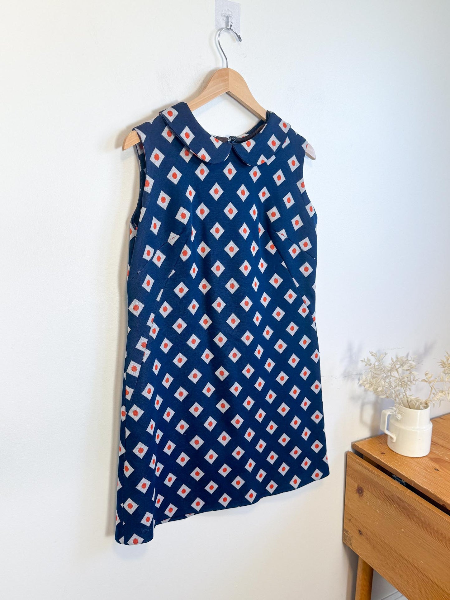 Vintage Geometric Pattern Mini Dress in Navy/Orange (Size L)