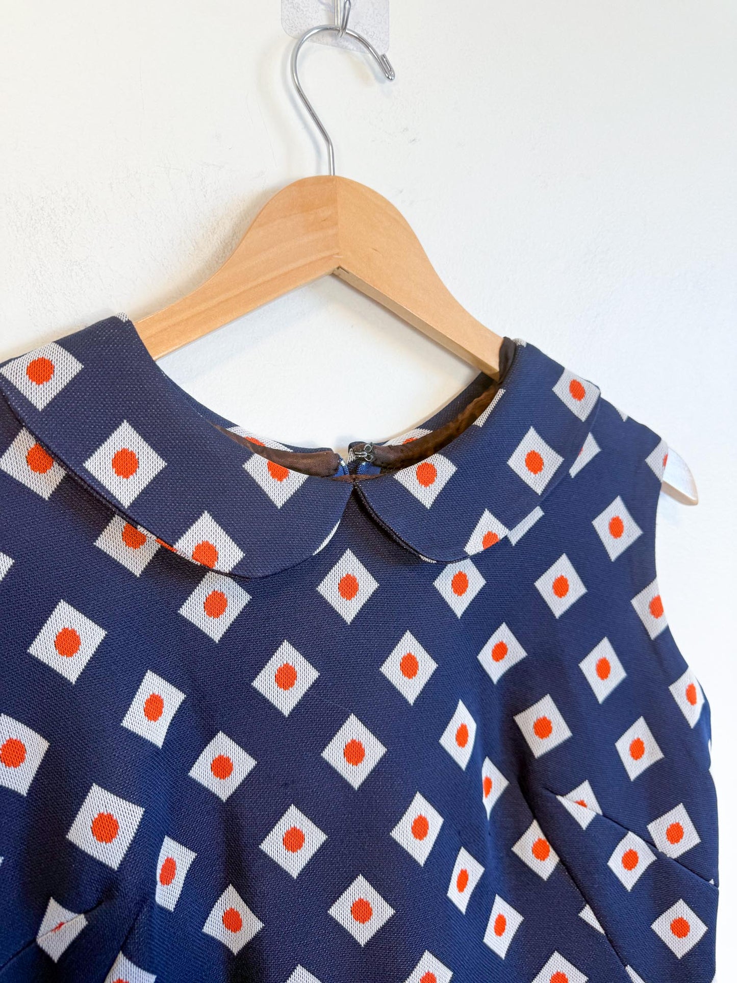 Vintage Geometric Pattern Mini Dress in Navy/Orange (Size L)