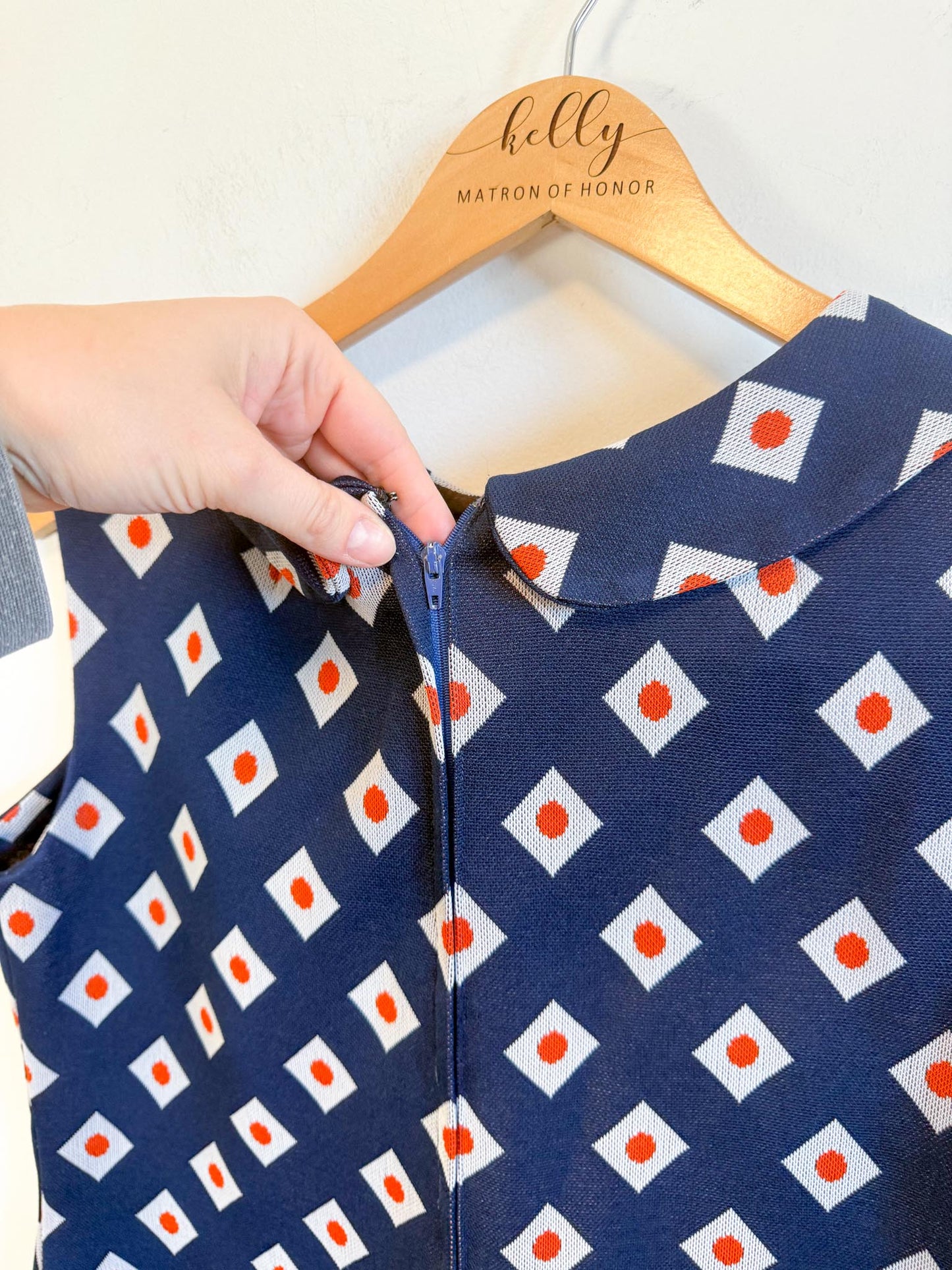 Vintage Geometric Pattern Mini Dress in Navy/Orange (Size L)