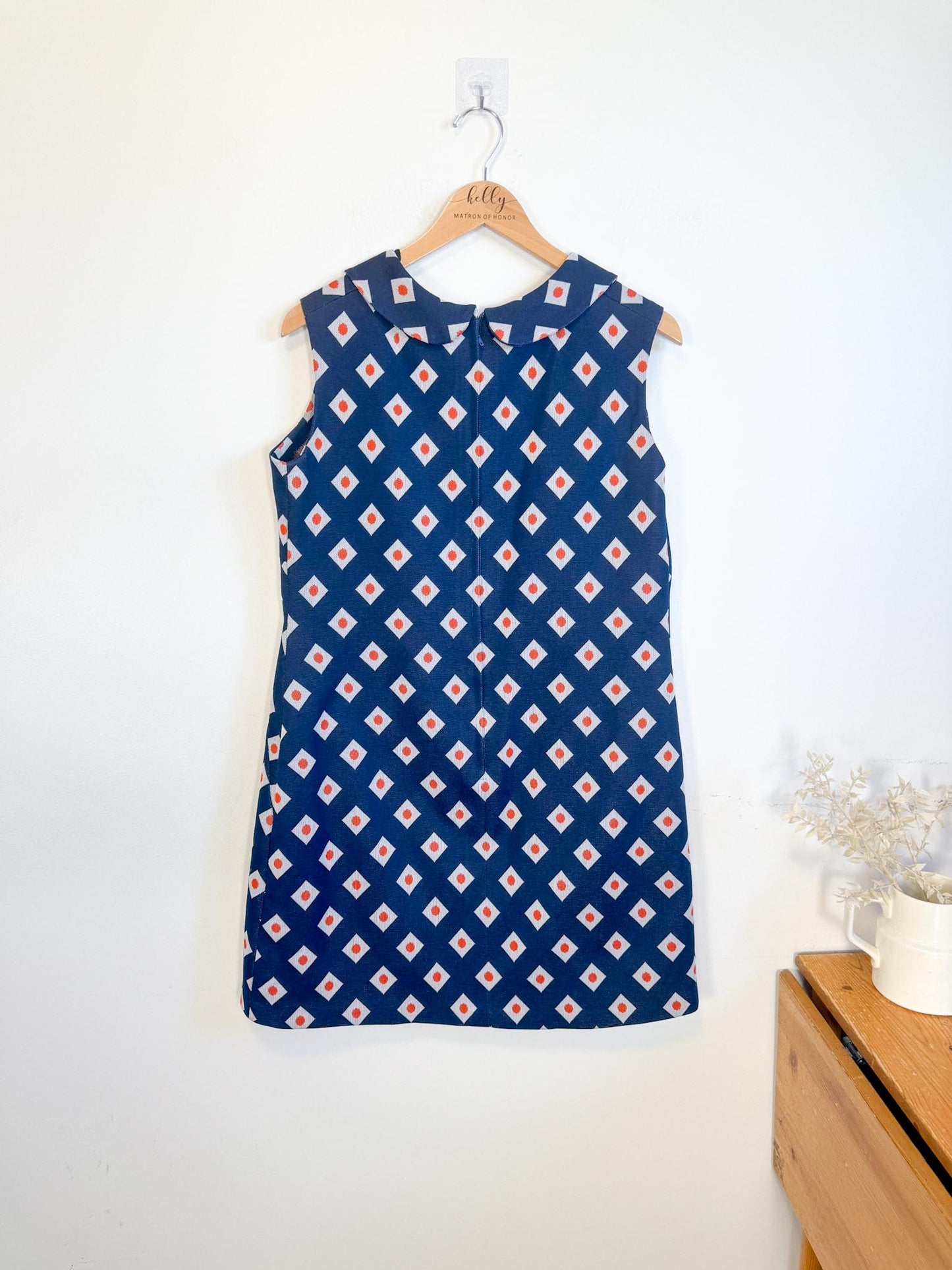 Vintage Geometric Pattern Mini Dress in Navy/Orange (Size L)