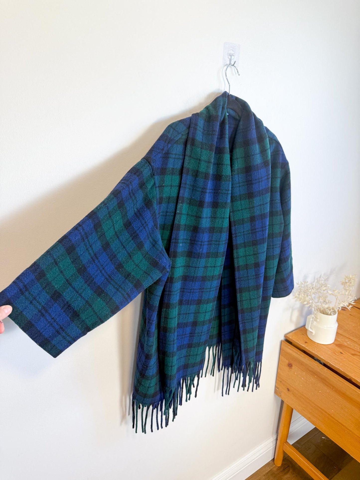 Vintage Plaid Wool Coat with Attached Scarf & Fringe (Size L)
