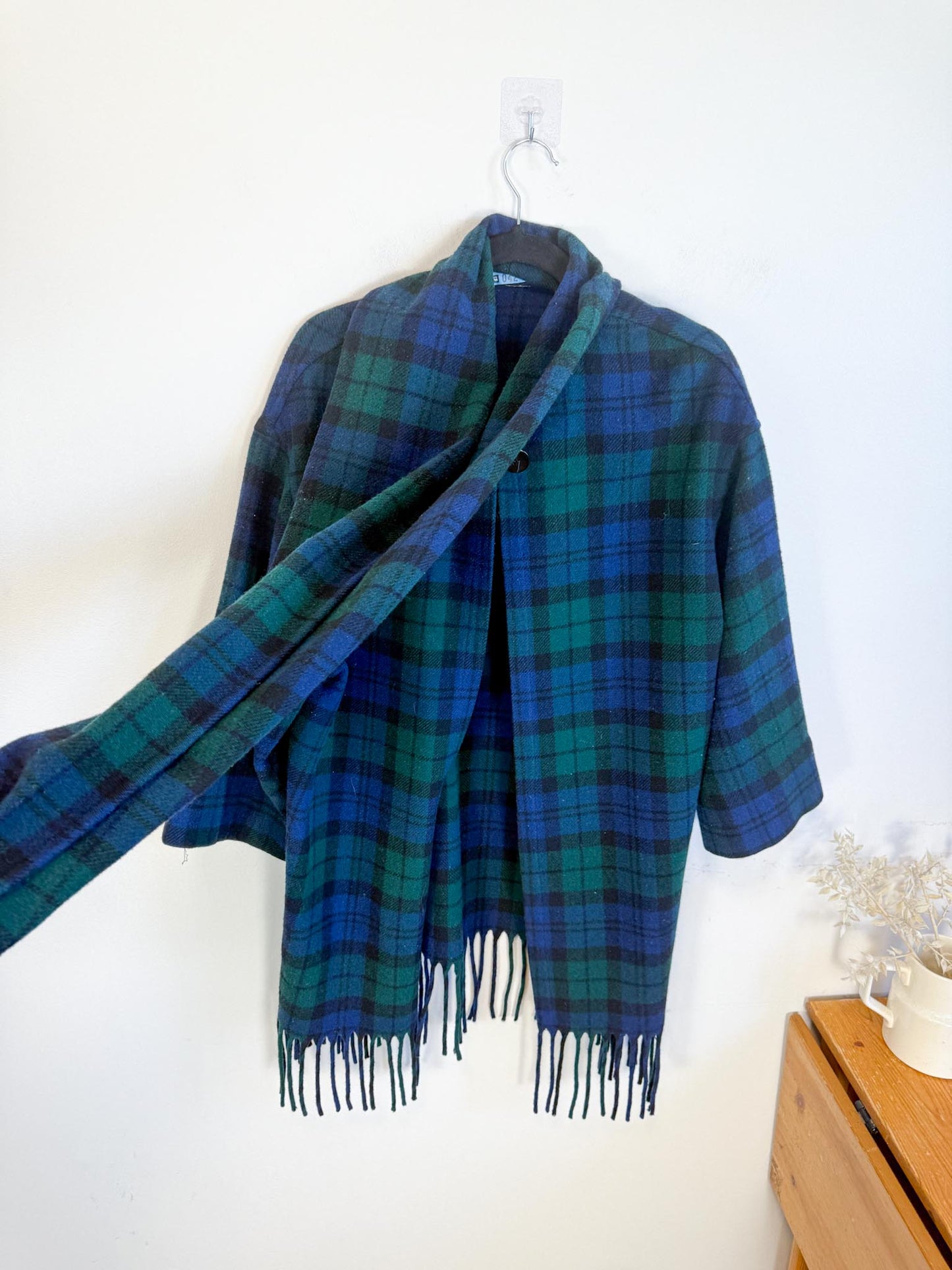 Vintage Plaid Wool Coat with Attached Scarf & Fringe (Size L)
