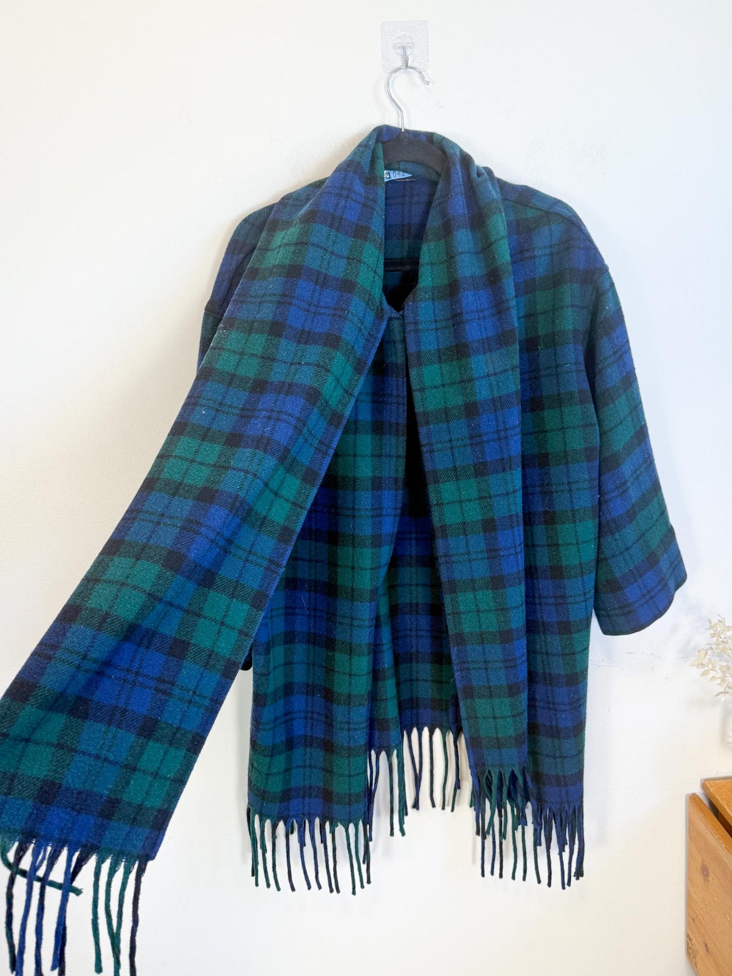 Vintage Plaid Wool Coat with Attached Scarf & Fringe (Size L)