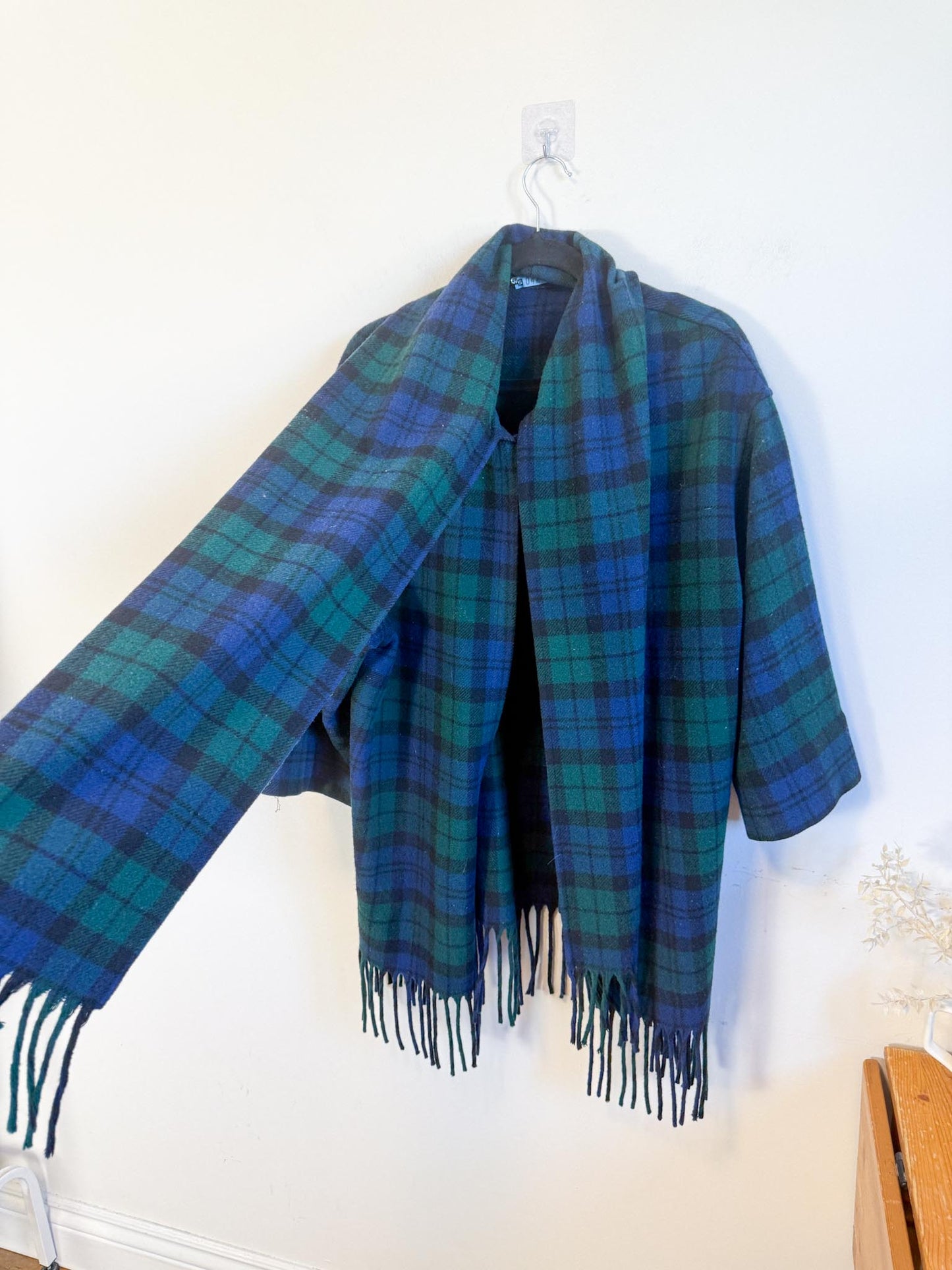 Vintage Plaid Wool Coat with Attached Scarf & Fringe (Size L)