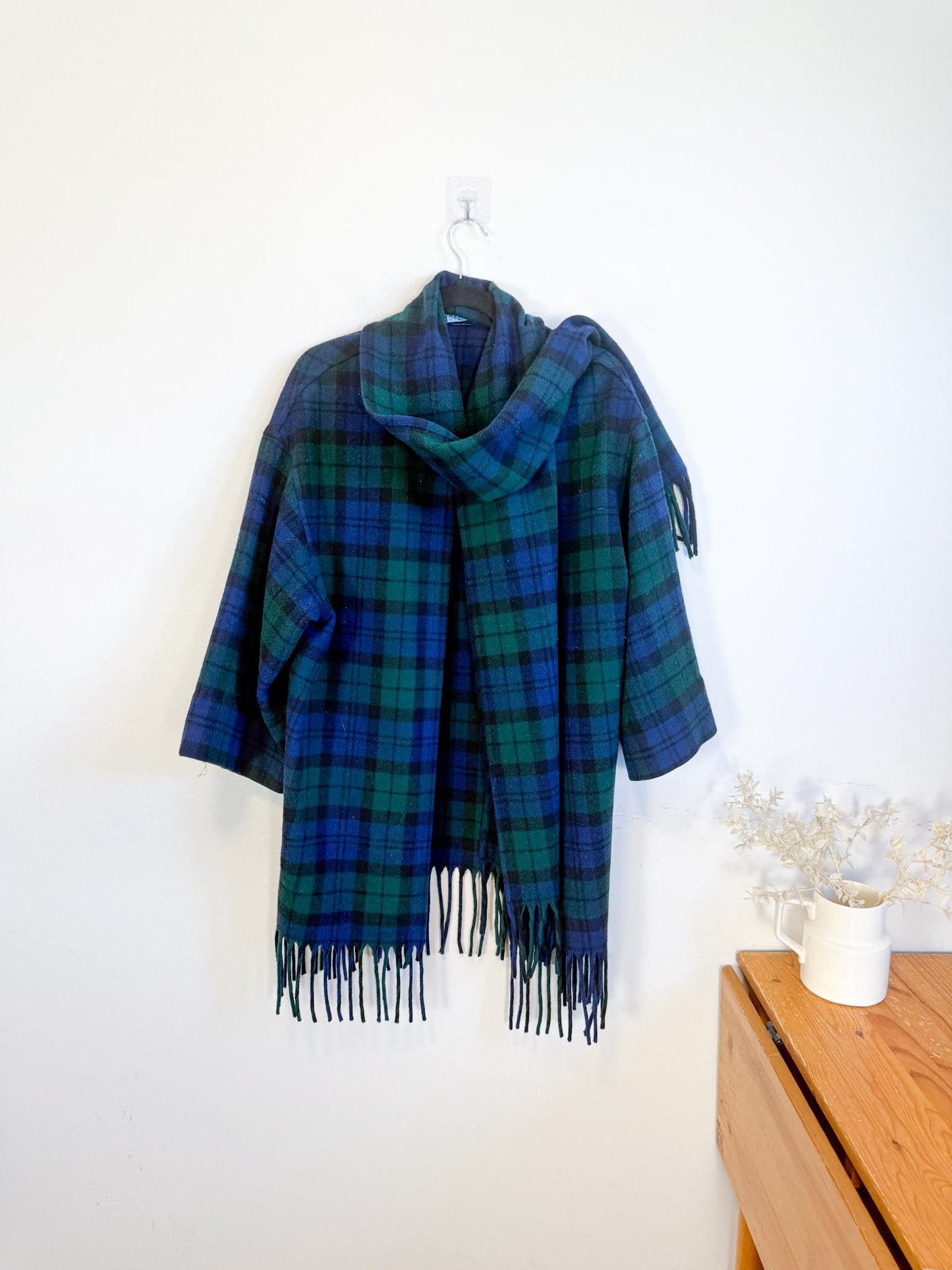 Vintage Plaid Wool Coat with Attached Scarf & Fringe (Size L)