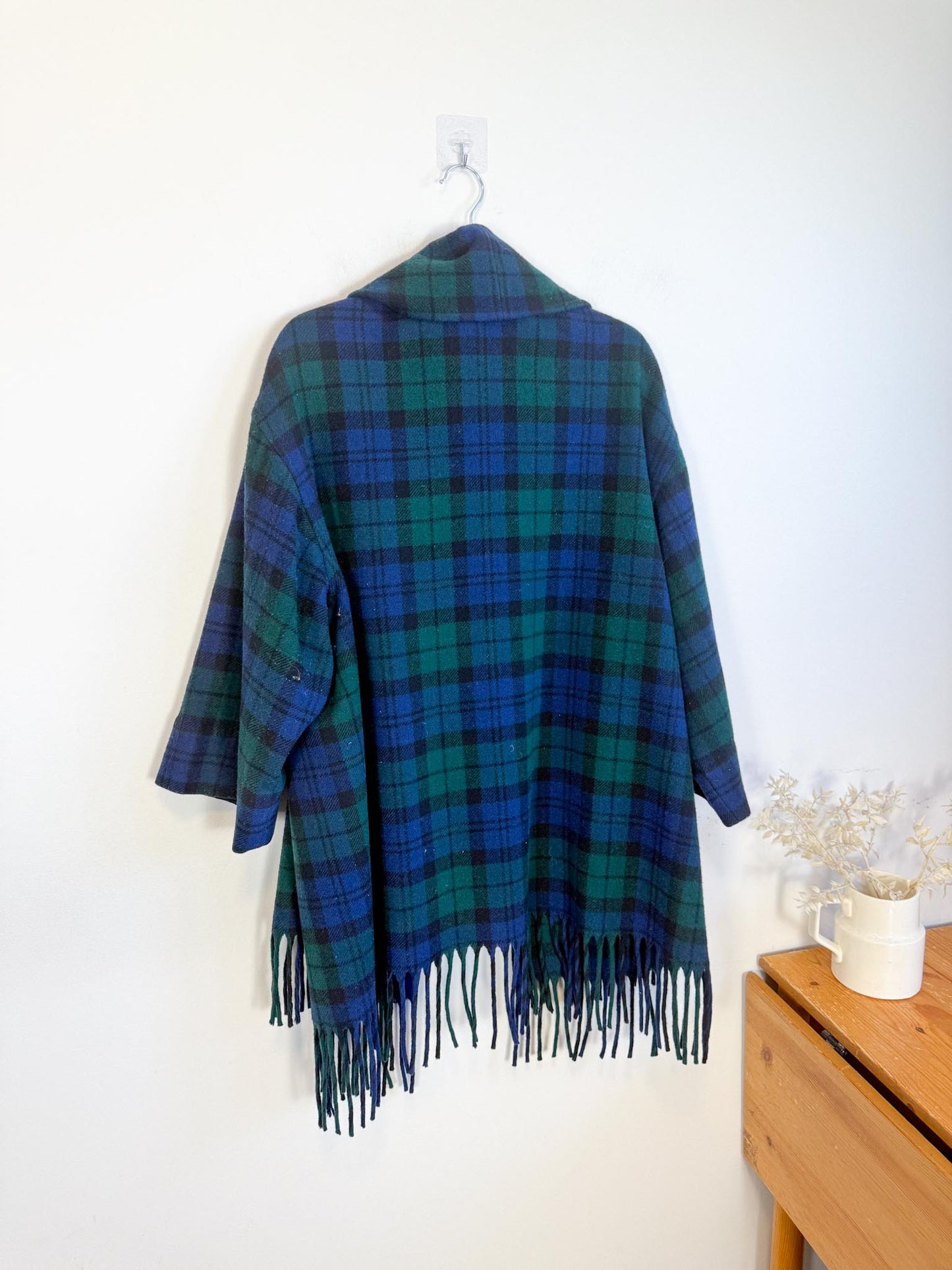 Vintage Plaid Wool Coat with Attached Scarf & Fringe (Size L)