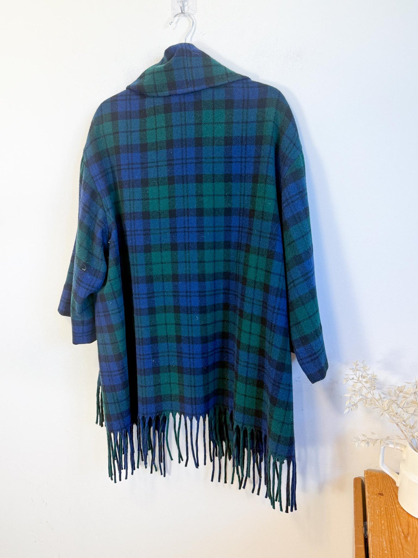 Vintage Plaid Wool Coat with Attached Scarf & Fringe (Size L)
