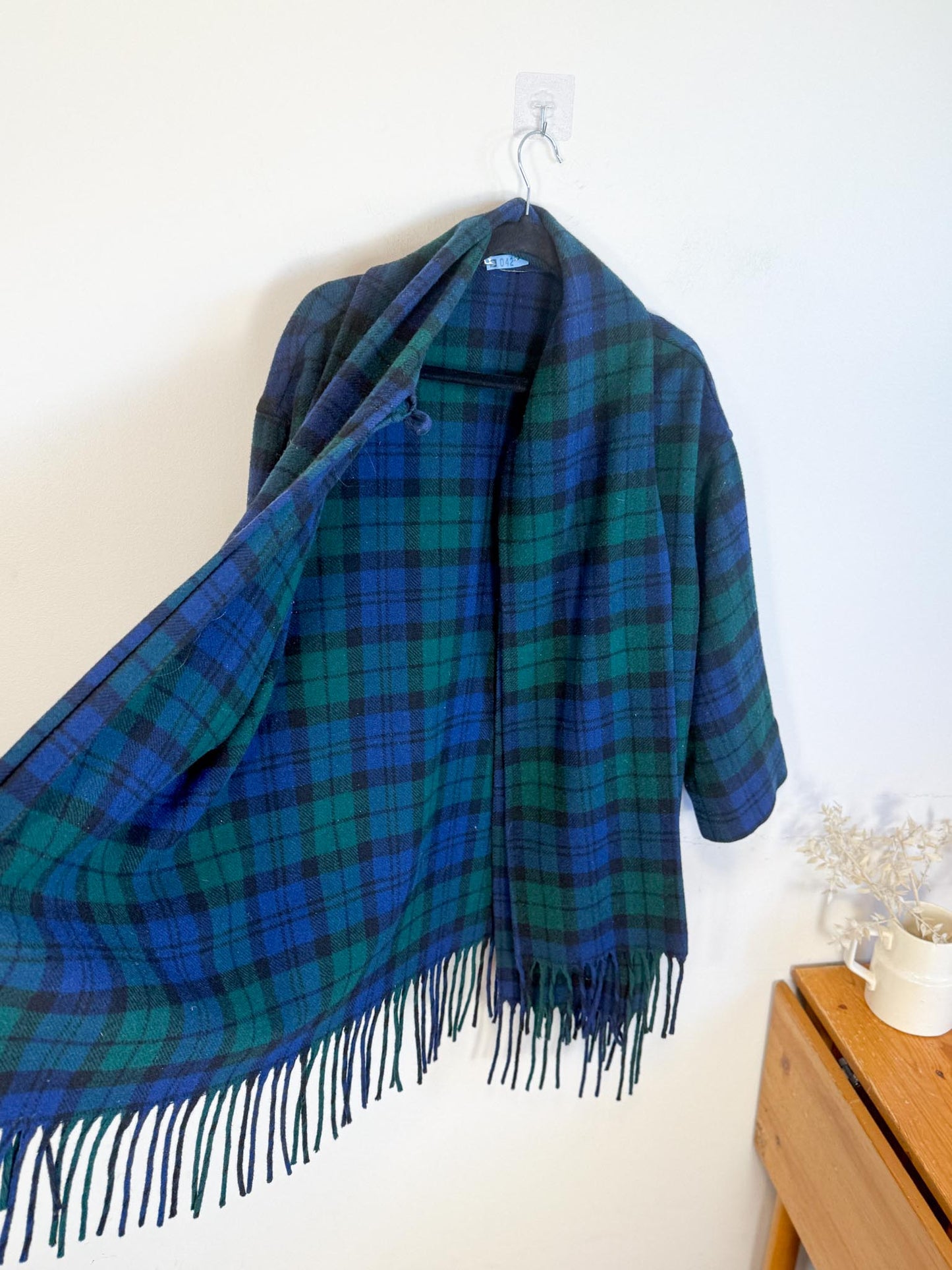 Vintage Plaid Wool Coat with Attached Scarf & Fringe (Size L)