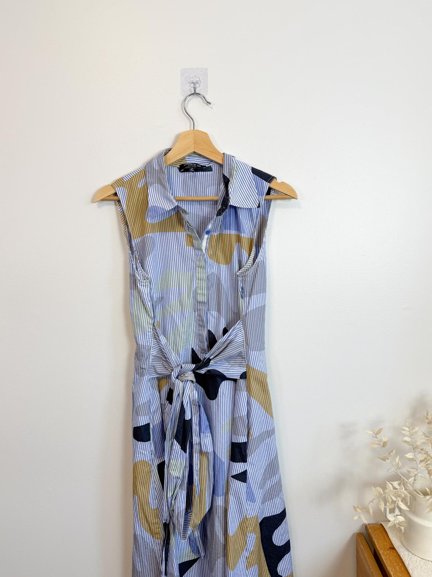 Lafayette 148 Pinstriped Shirt Dress with Abstract Print (Size M)