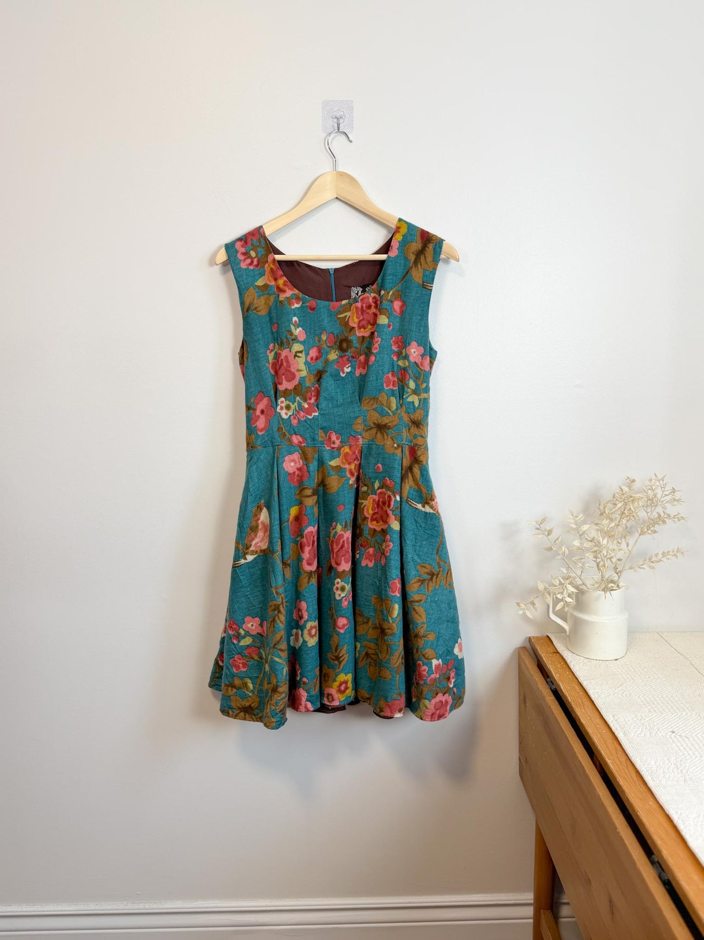Annie 50 Canadian Made Floral Mini Dress in Teal/Pink (Size M)