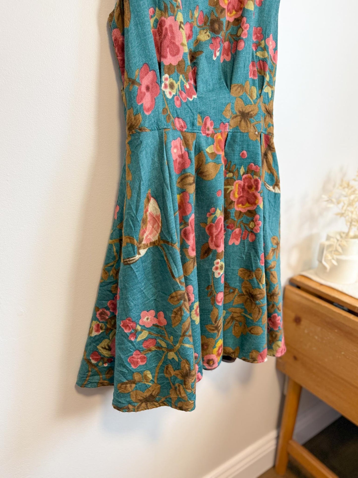 Annie 50 Canadian Made Floral Mini Dress in Teal/Pink (Size M)