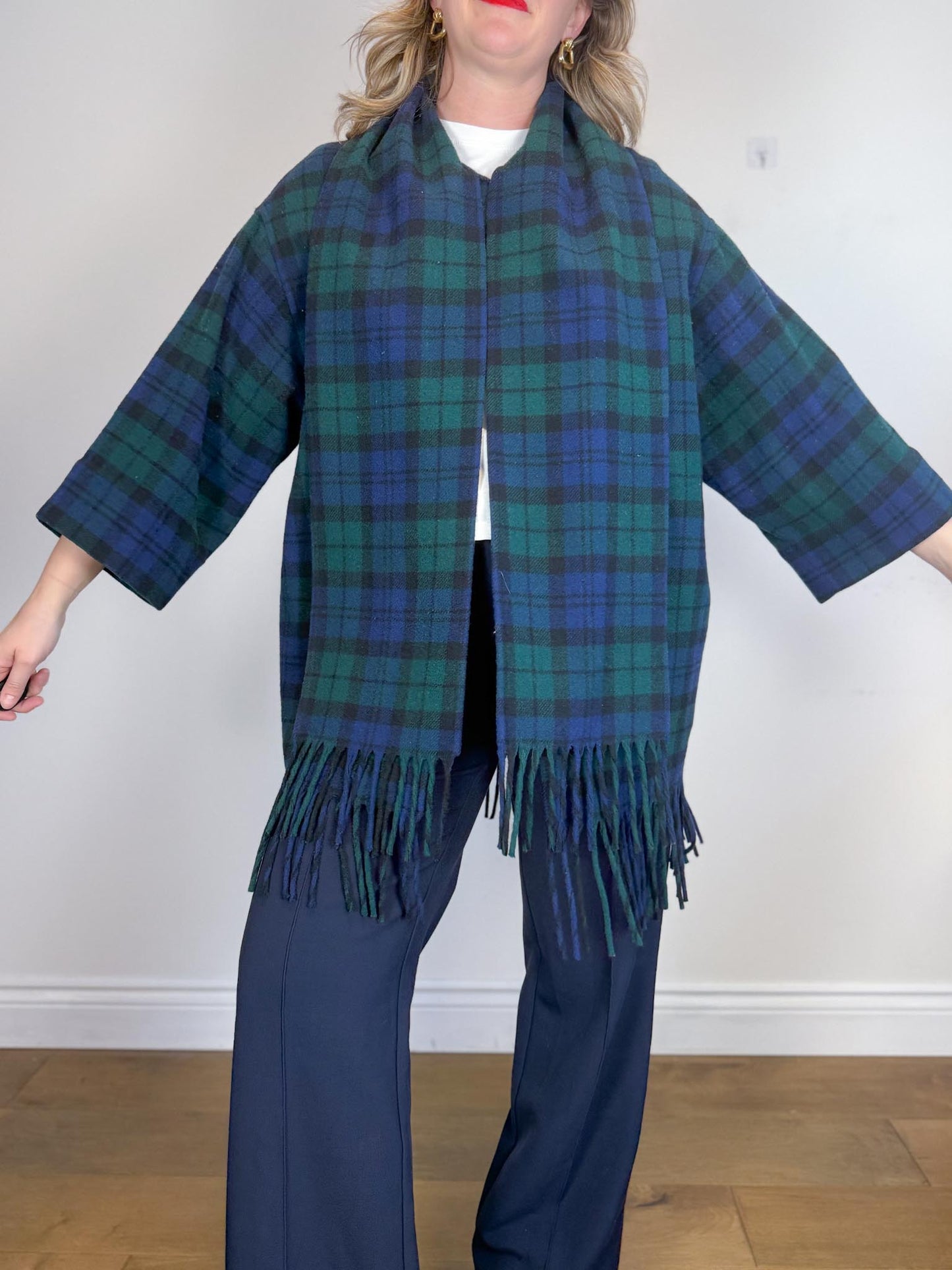 Vintage Plaid Wool Coat with Attached Scarf & Fringe (Size L)