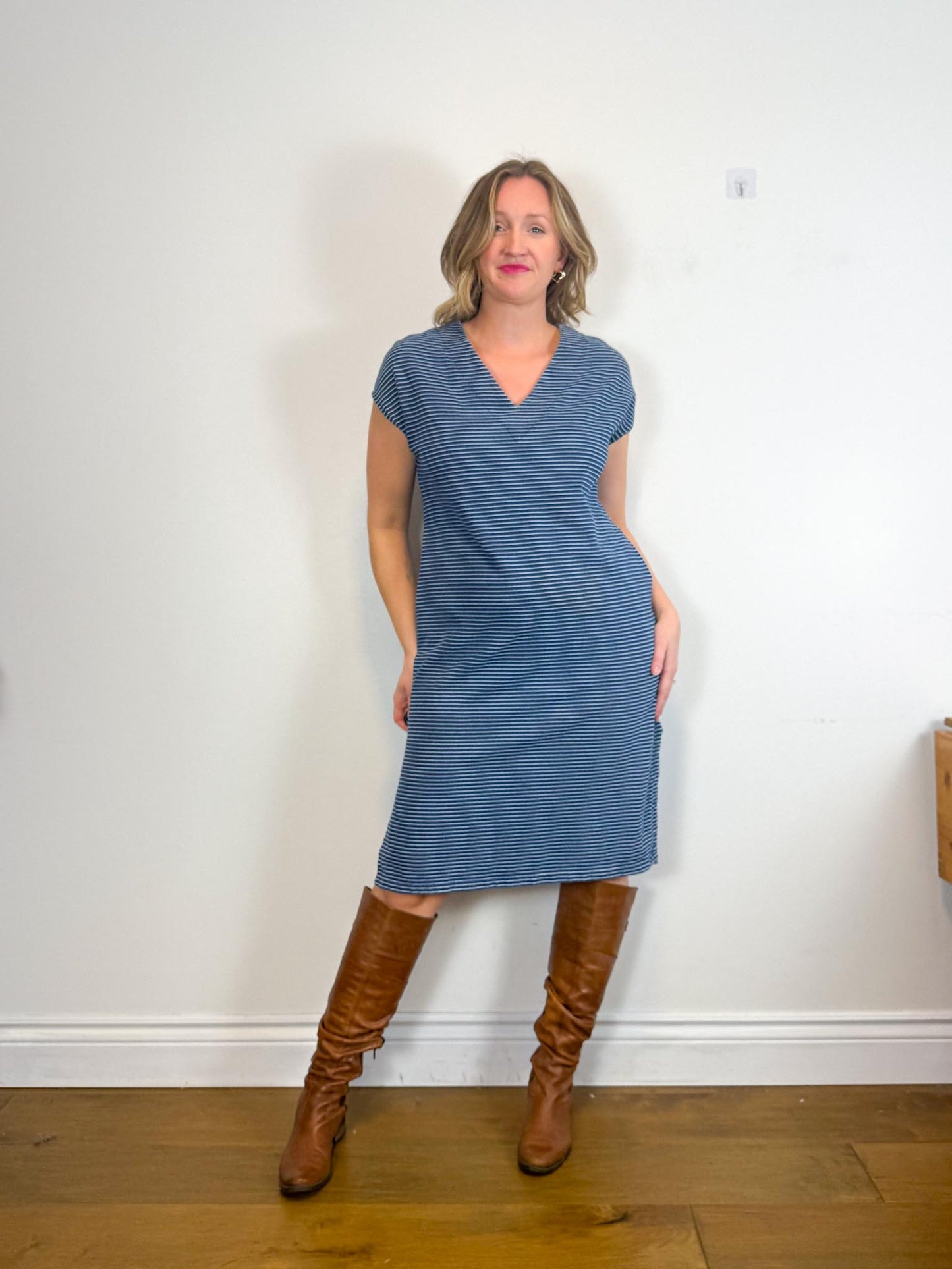 Dagg & Stacey Slow Fashion Striped Midi Dress in Blue/White (Size M/L)