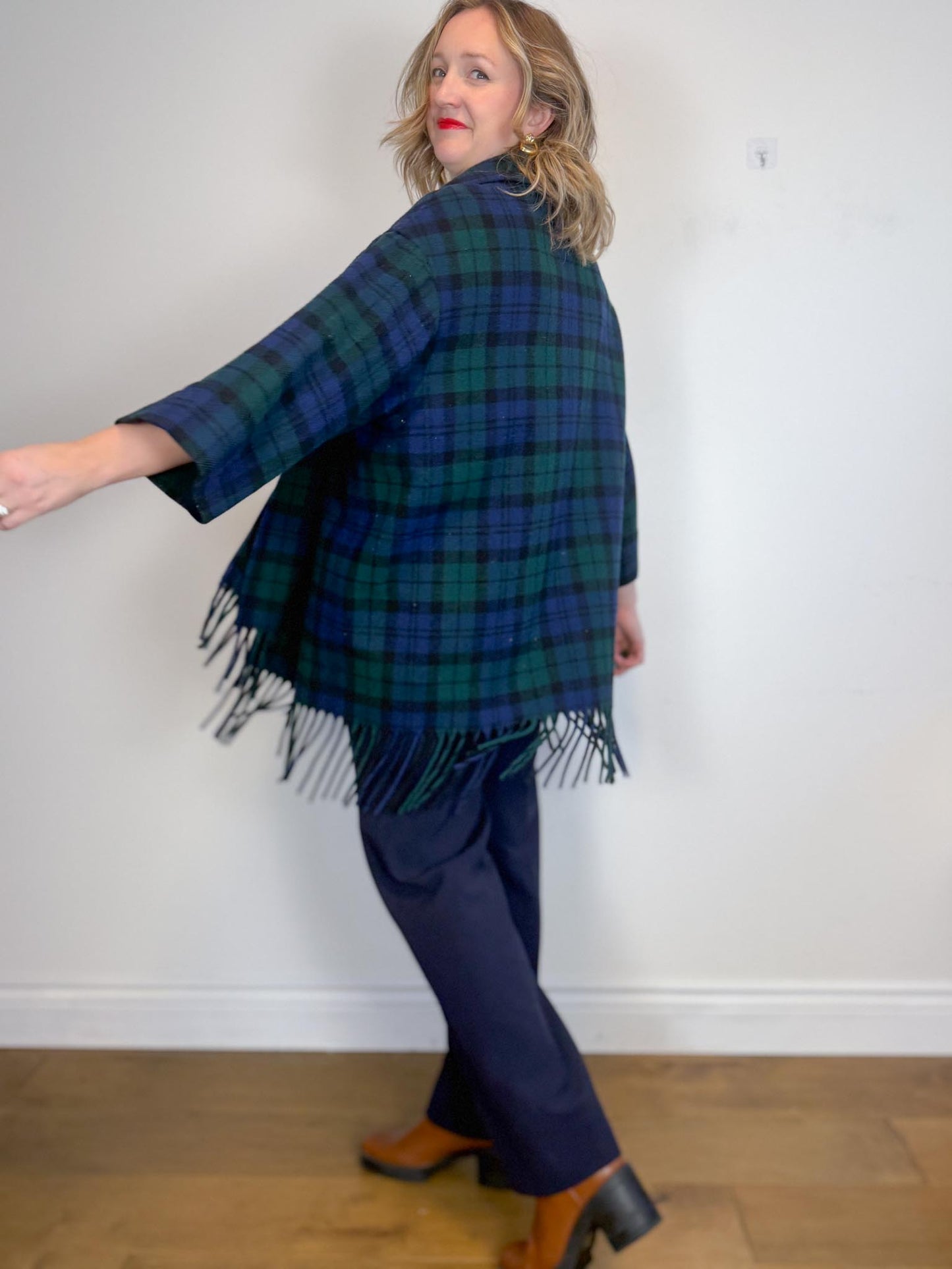 Vintage Plaid Wool Coat with Attached Scarf & Fringe (Size L)