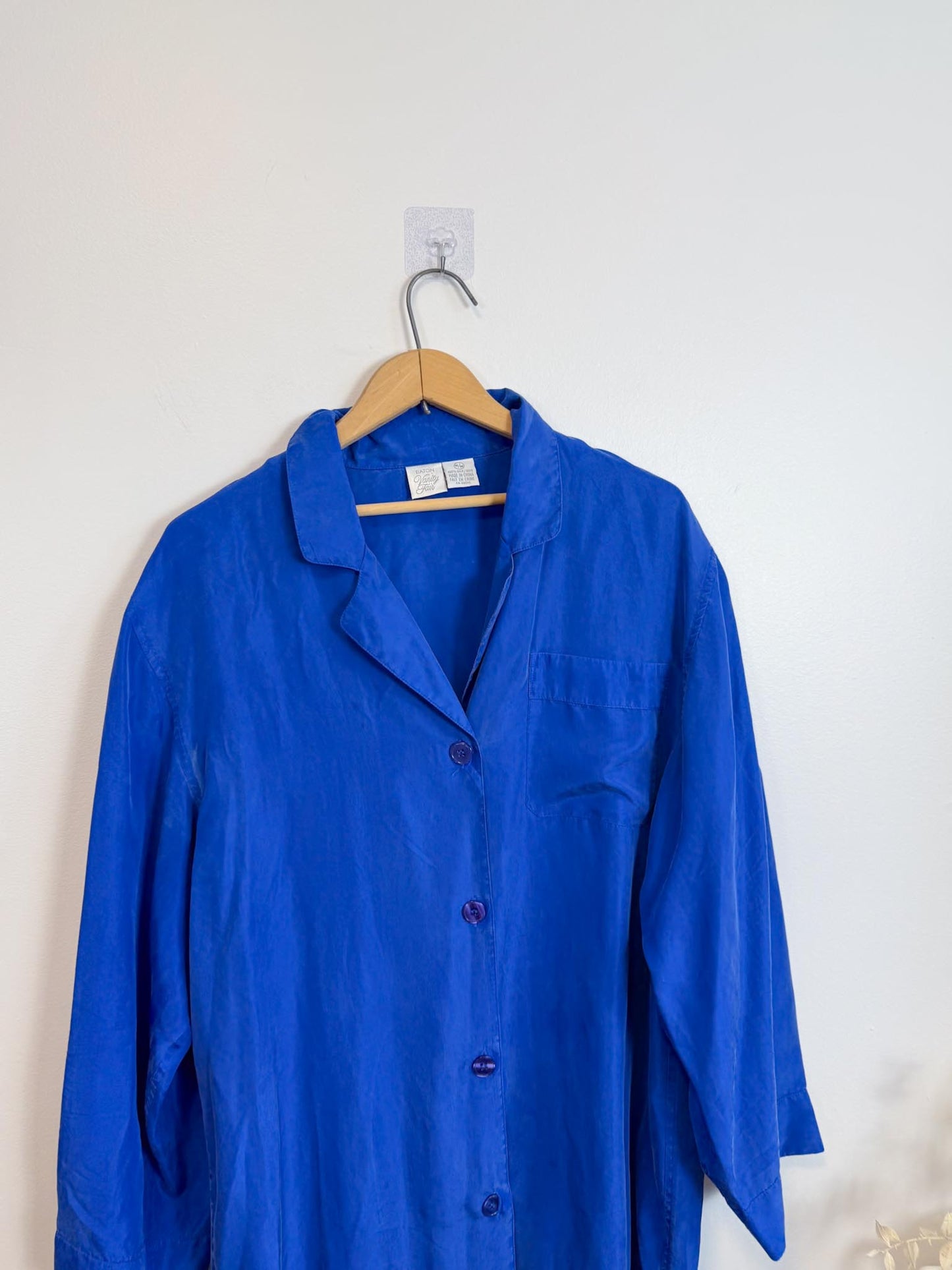 Vintage Silk Long Blouse in Royal Blue (Size M/L)