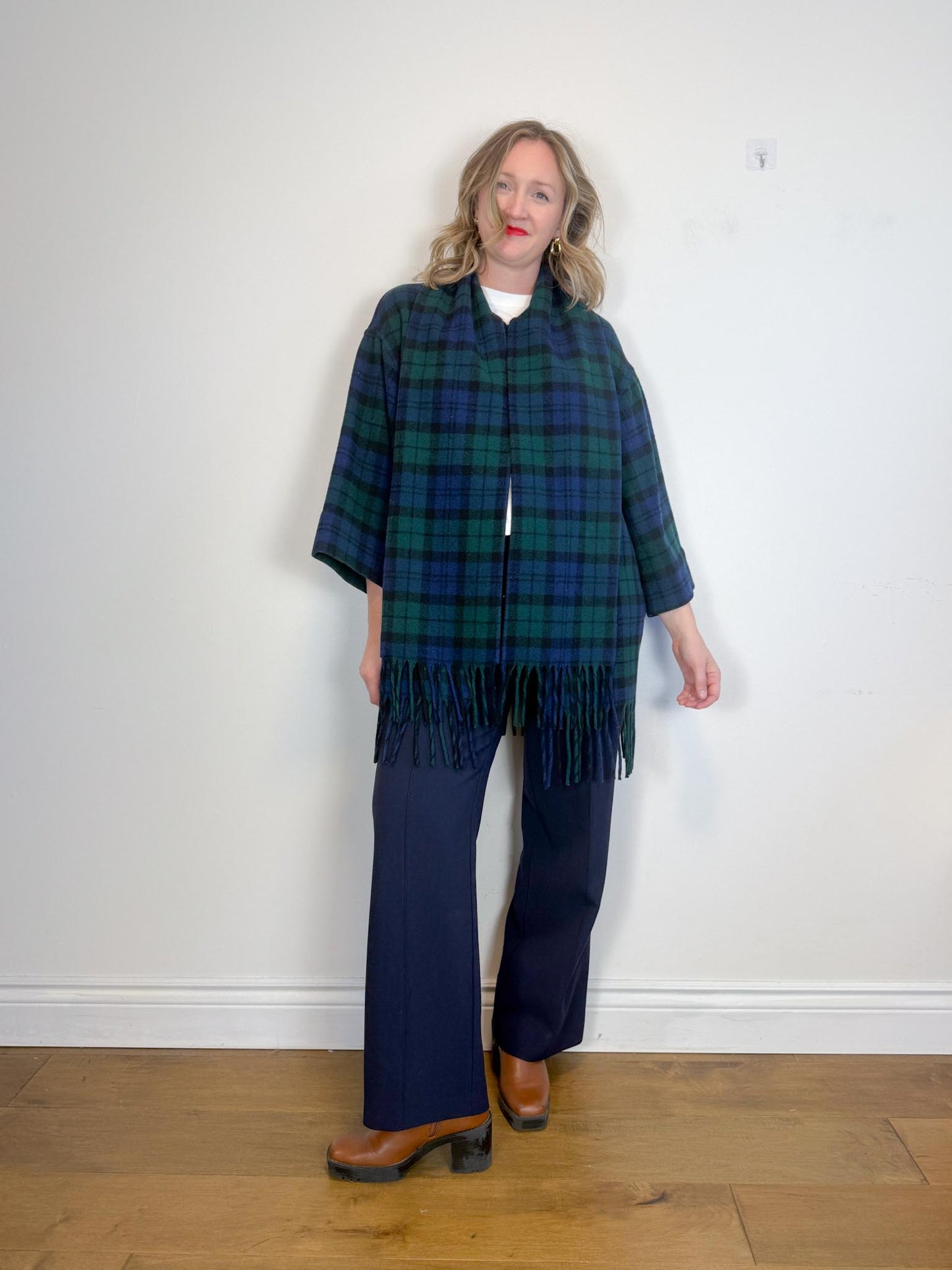 Vintage Plaid Wool Coat with Attached Scarf & Fringe (Size L)