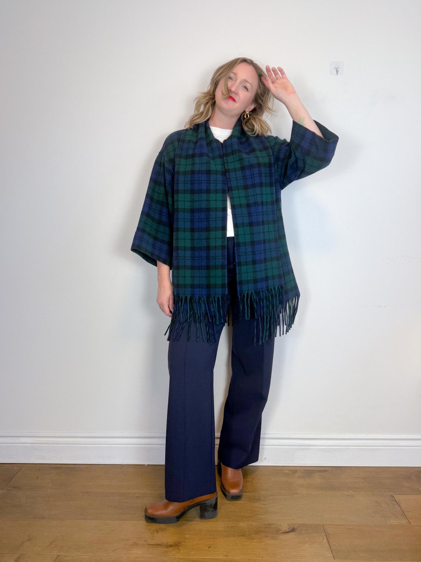 Vintage Plaid Wool Coat with Attached Scarf & Fringe (Size L)