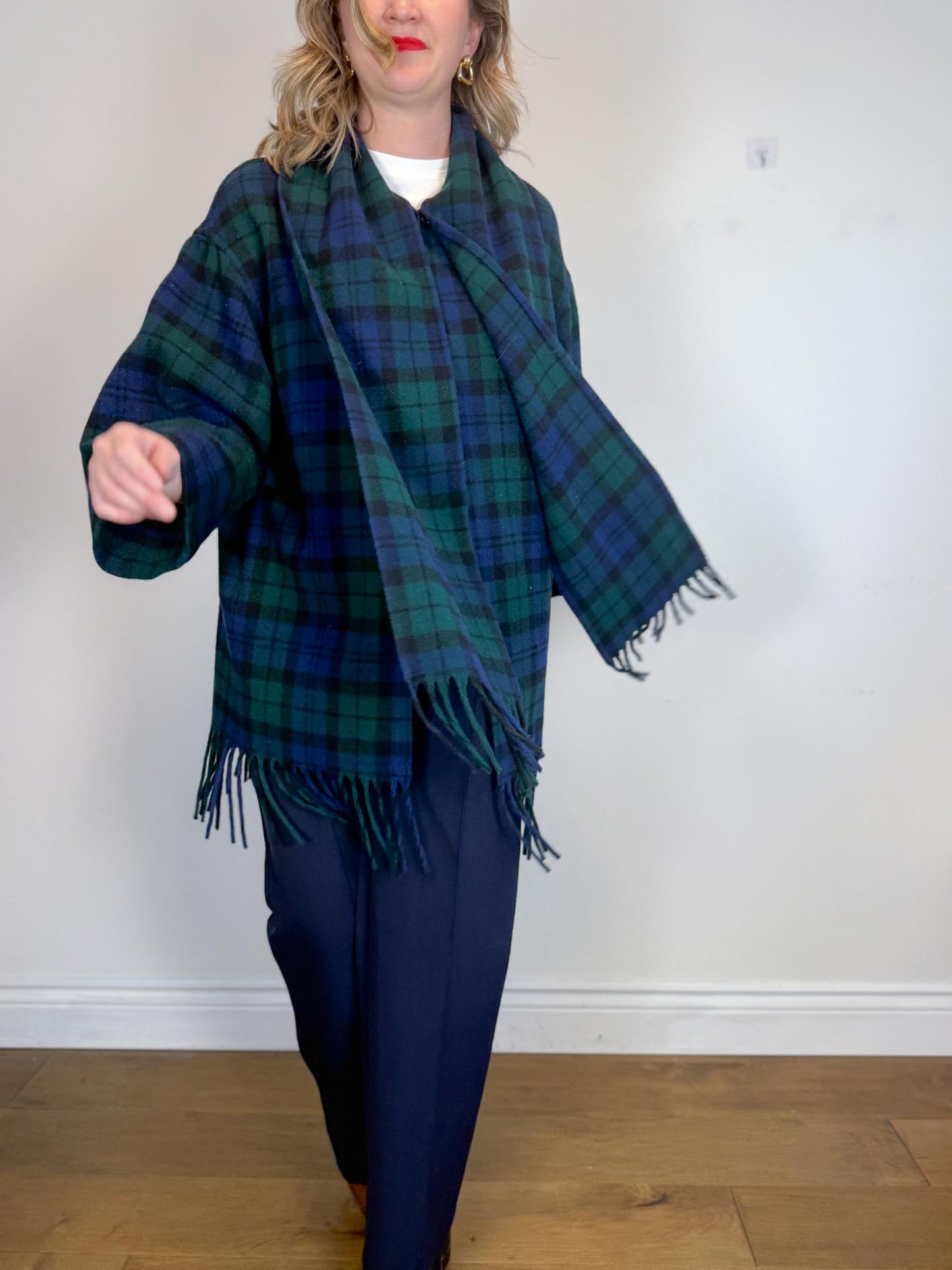 Vintage Plaid Wool Coat with Attached Scarf & Fringe (Size L)