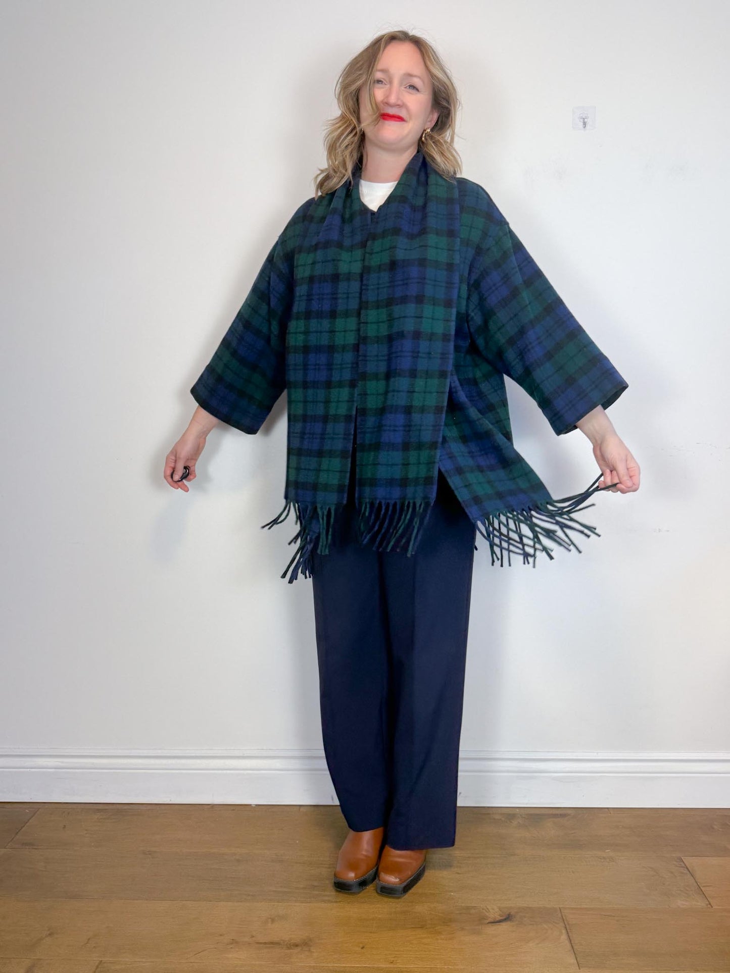 Vintage Plaid Wool Coat with Attached Scarf & Fringe (Size L)